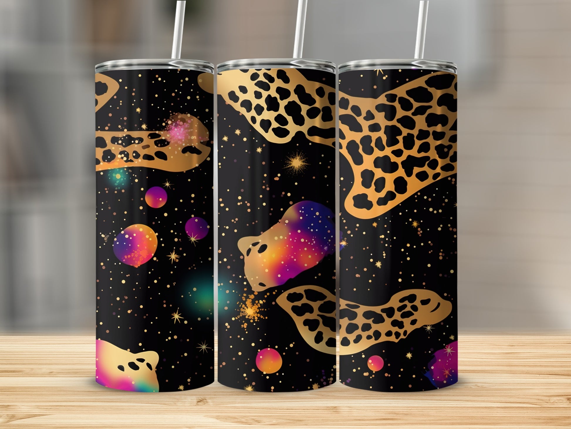 Black tumbler with leopard spots and colorful cosmic patterns.