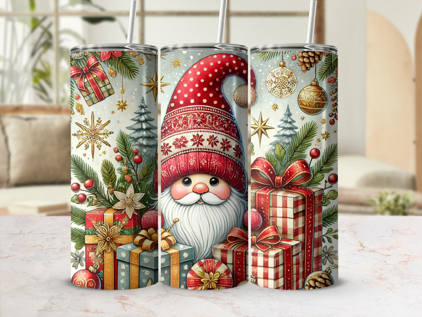 Santa Claus tumbler with gift boxes and ornaments.