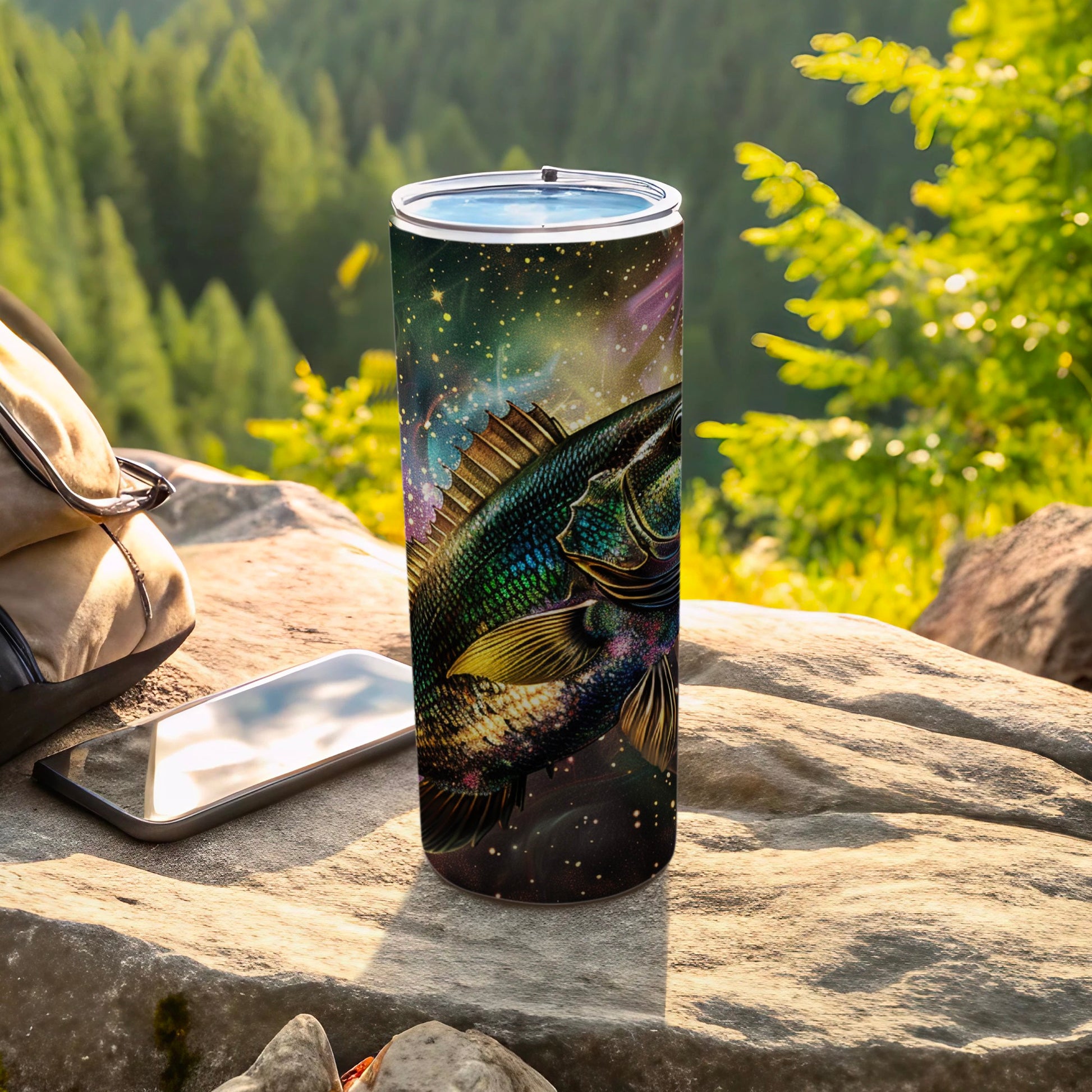 Cosmic bass fish design on a stainless steel tumbler.