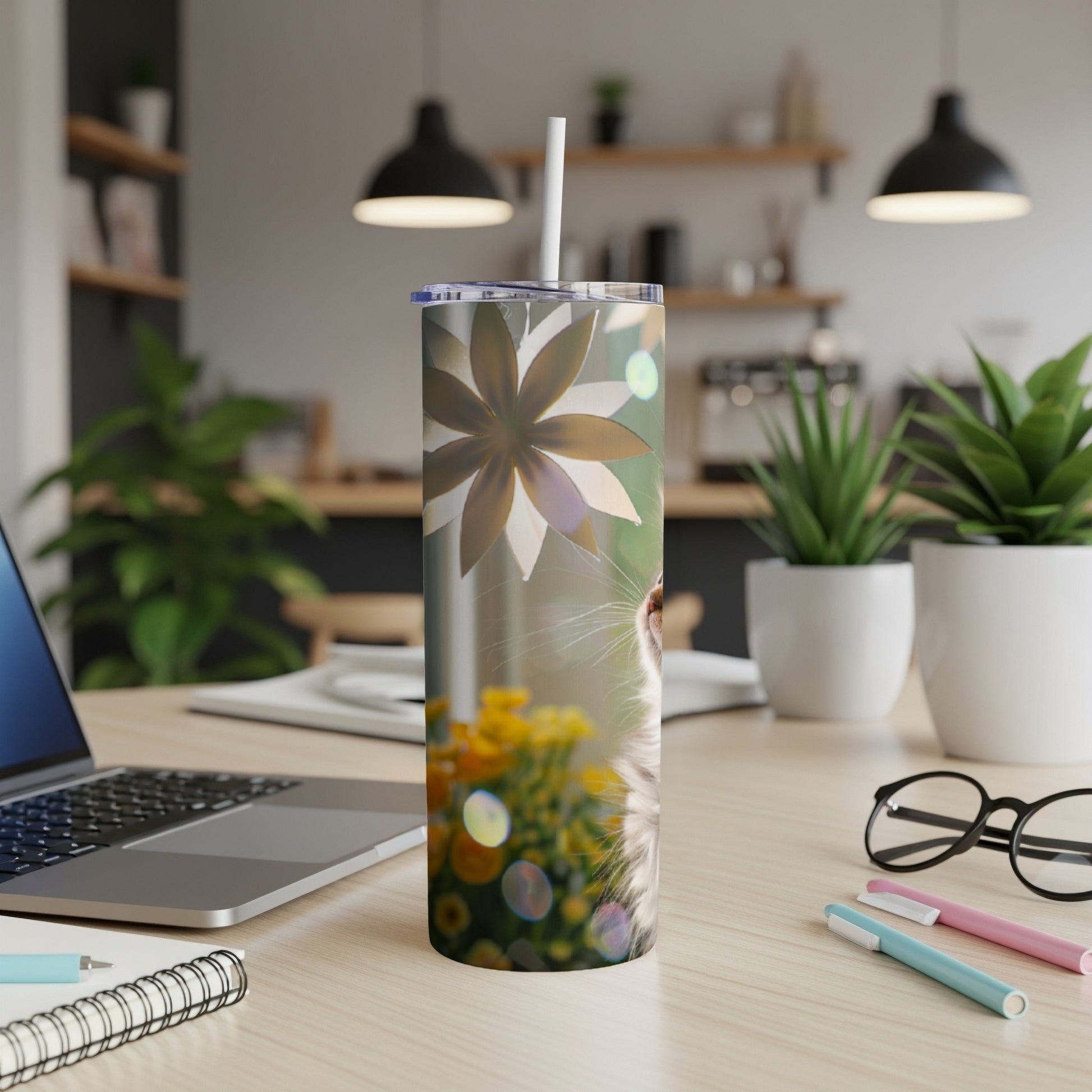 Tumbler with cat face and yellow flowers, straw inserted, on a desk.