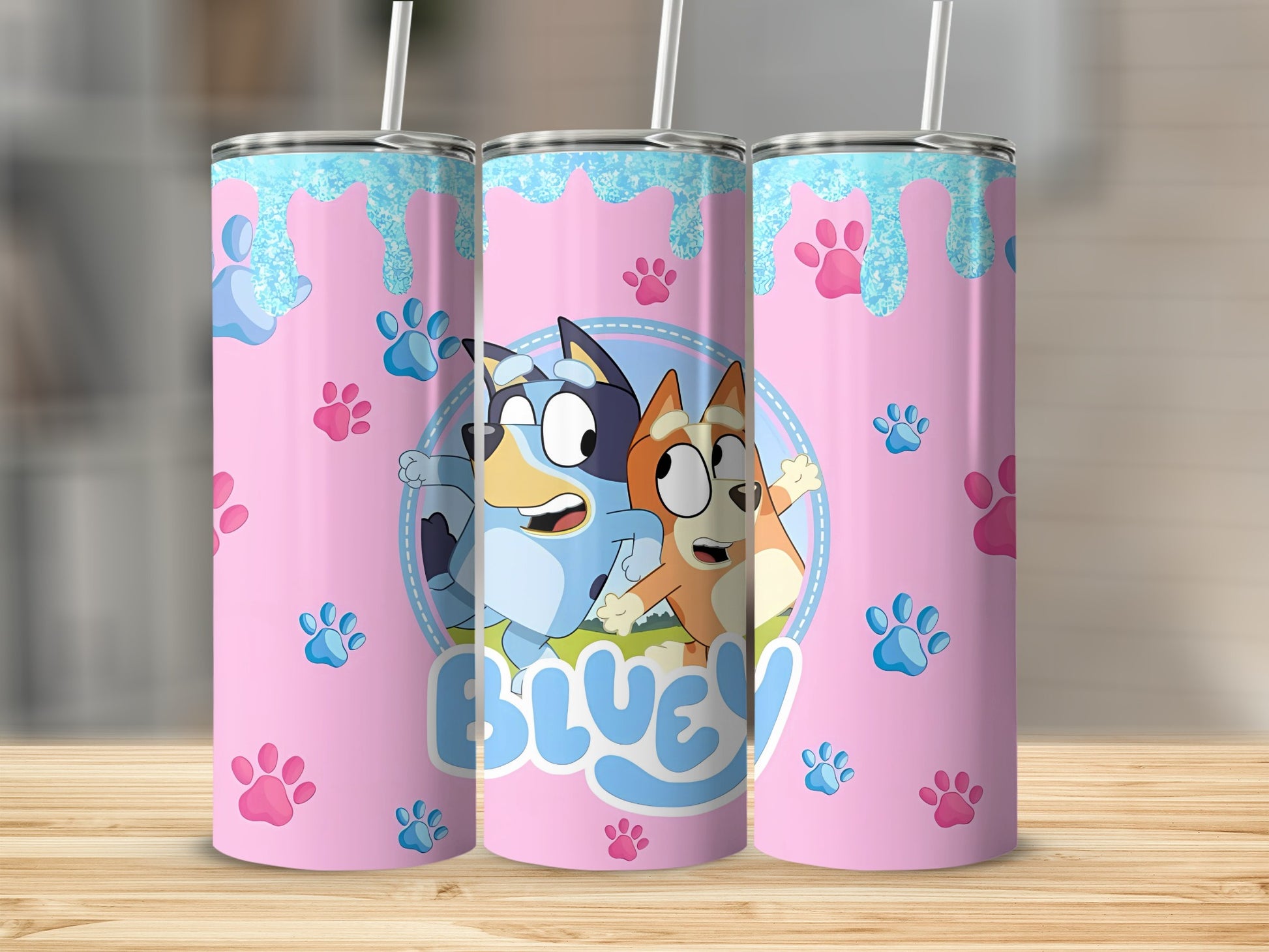Bluey Pink Paws Pattern Drink Tumbler with Straw