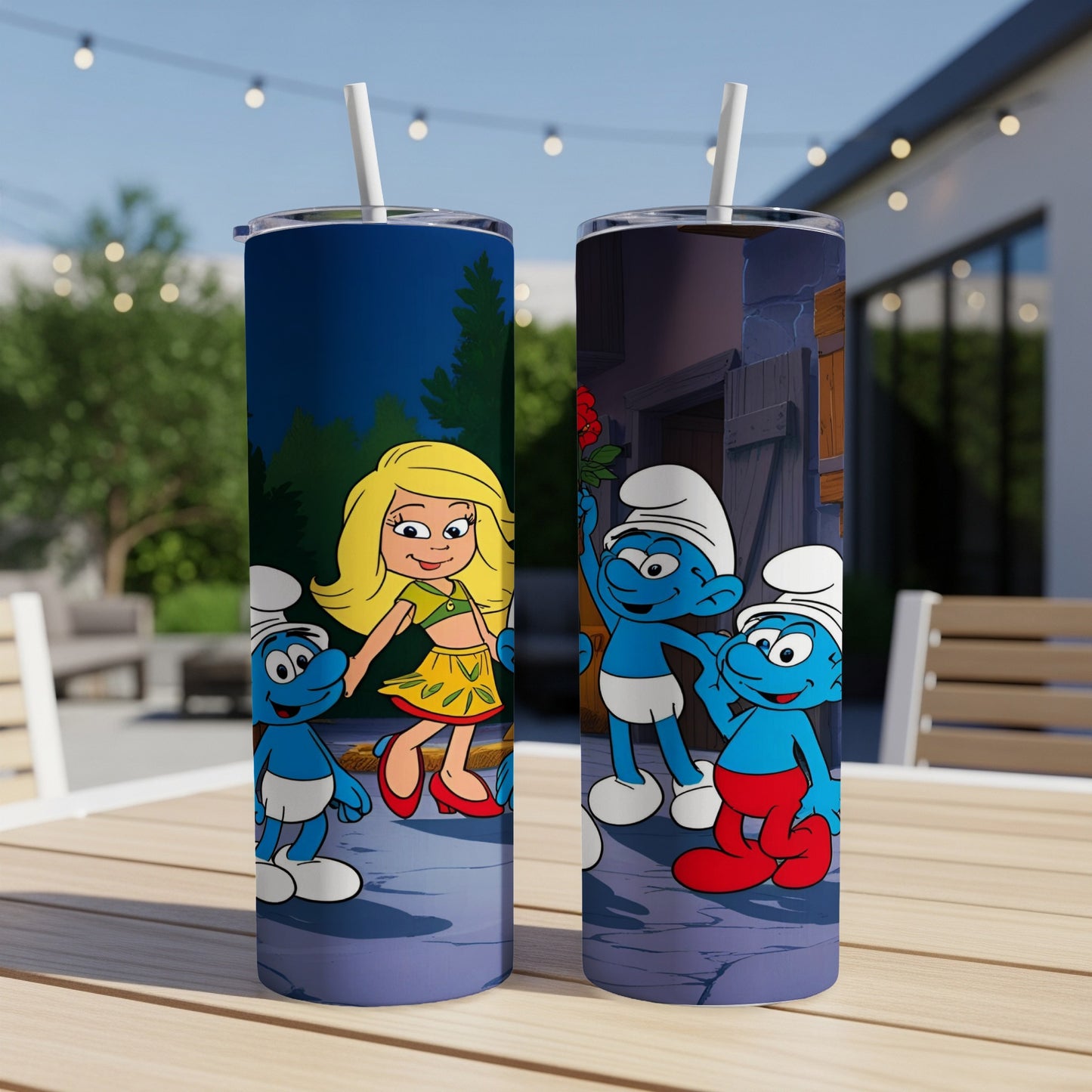 Smurfs characters Smurfette and two Smurfs with roses on a tumbler.