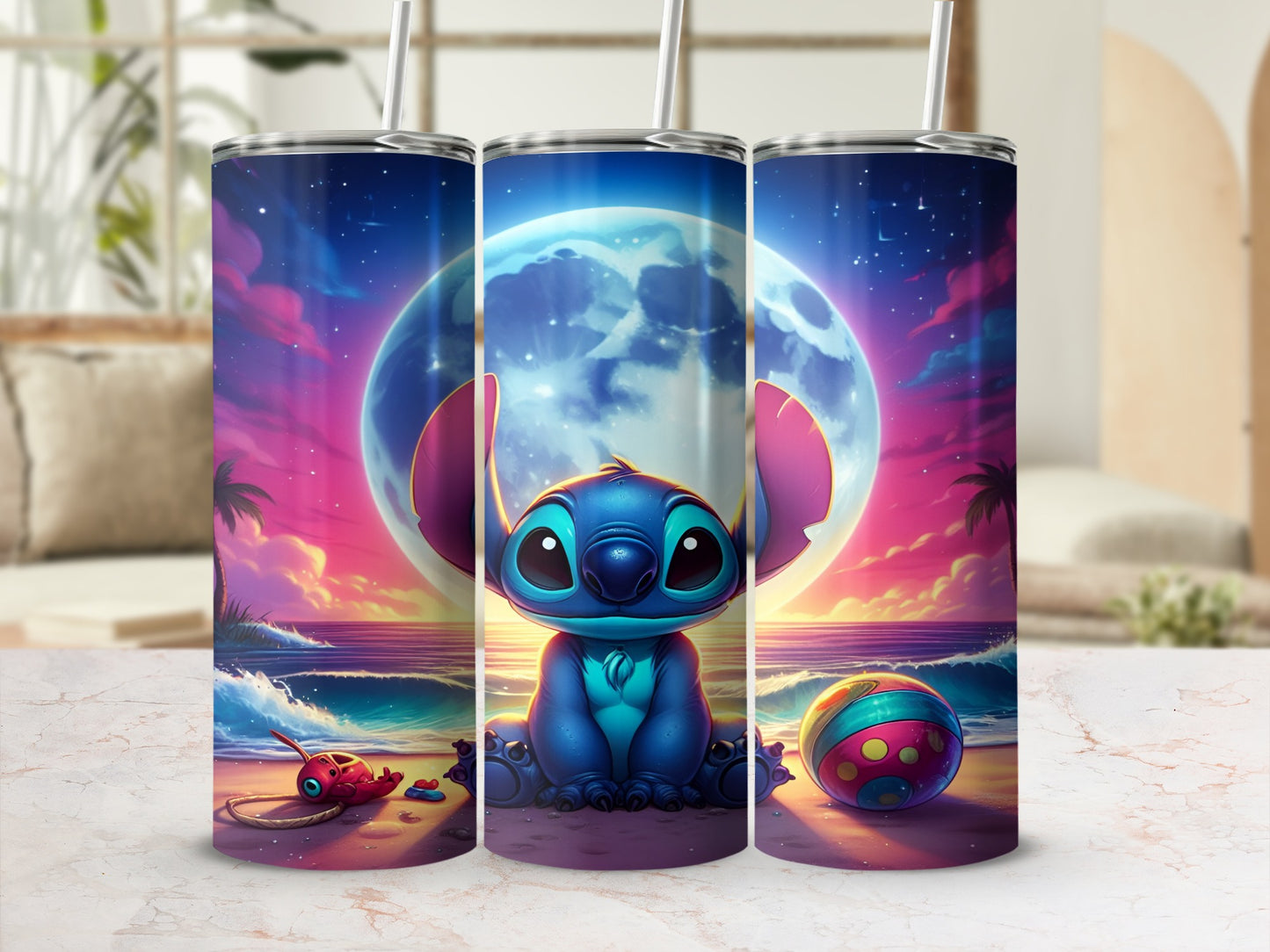 Stitch sits on a beach with a full moon and beach ball.