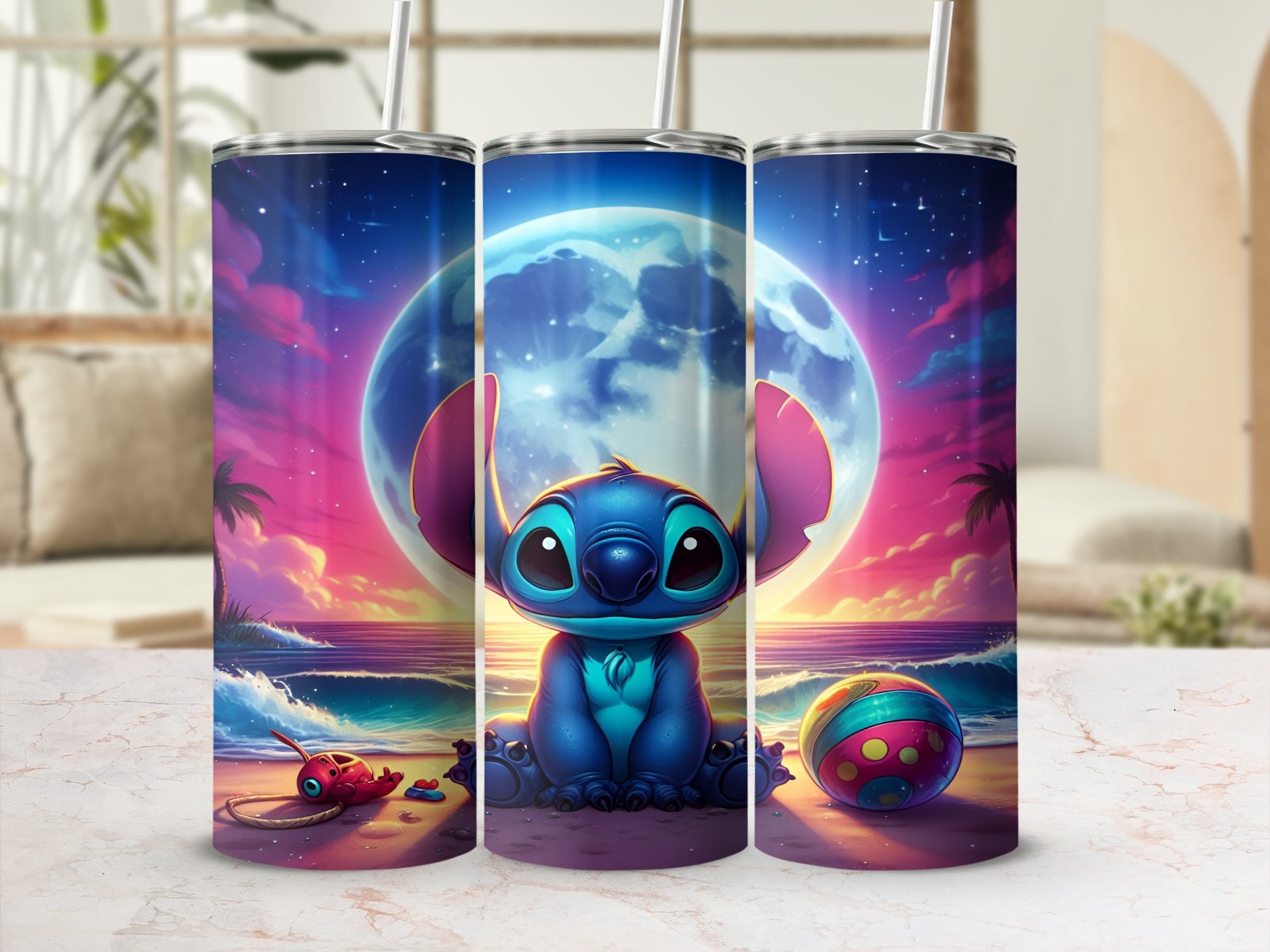 Stitch sits on a beach with a full moon and beach ball.
