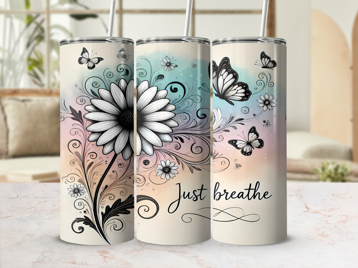 Daisy flower butterfly Just breathe soft colors tumbler product type