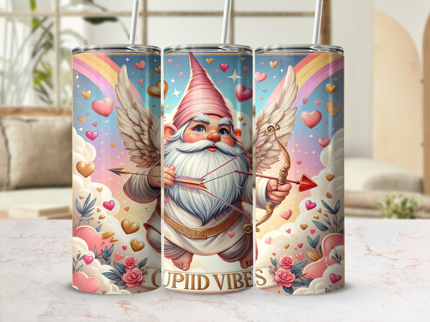 Whimsical Cupid Vibes Tumbler With Rainbow Hearts