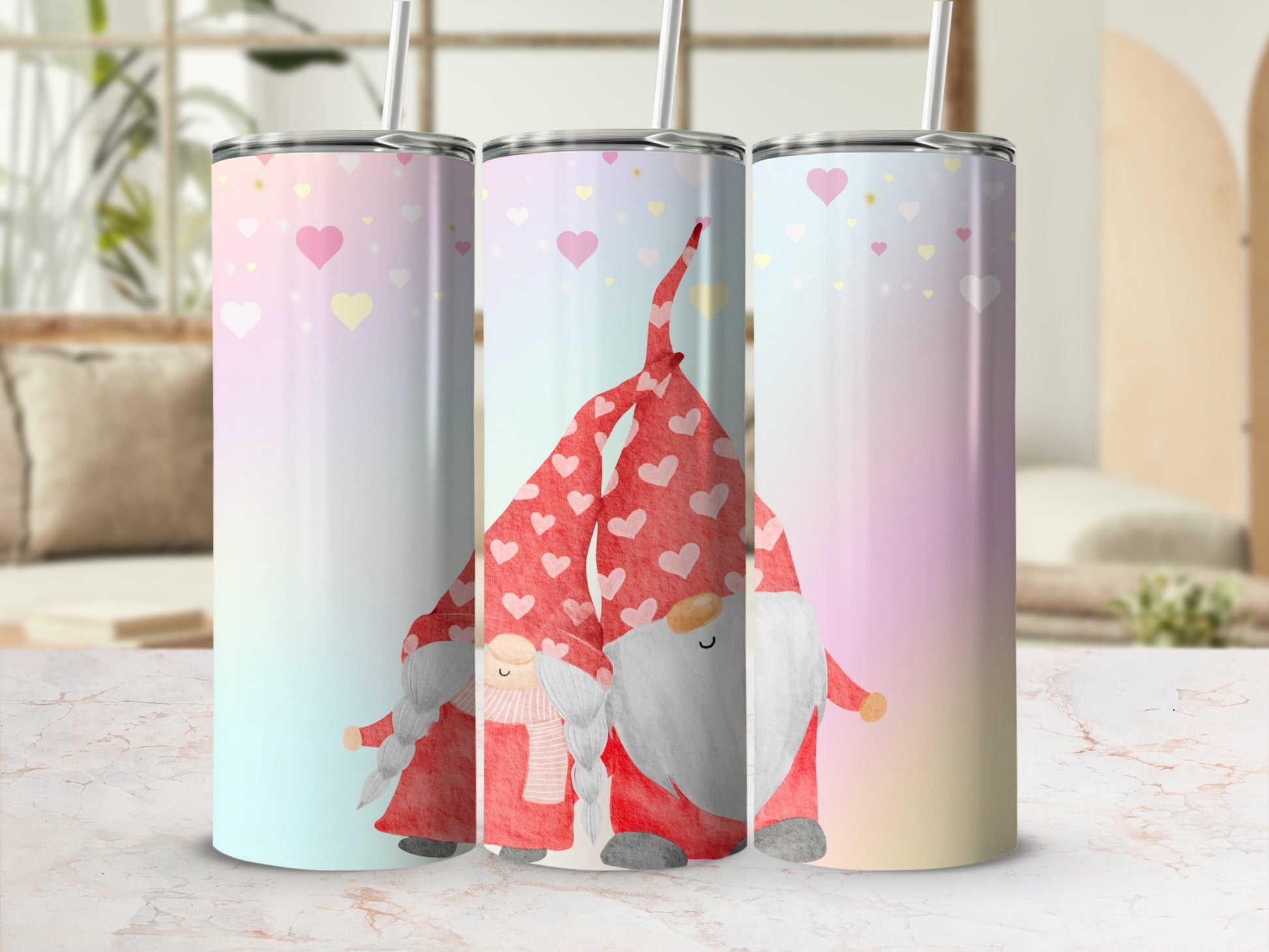 Gnome Couple Heart Ombre Pattern Insulated Tumbler
