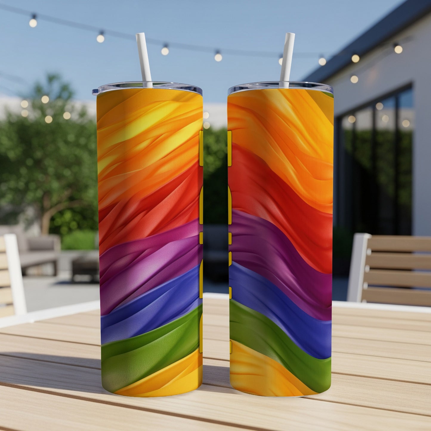 Two tumblers with a rainbow wave design, sitting on a wooden table.