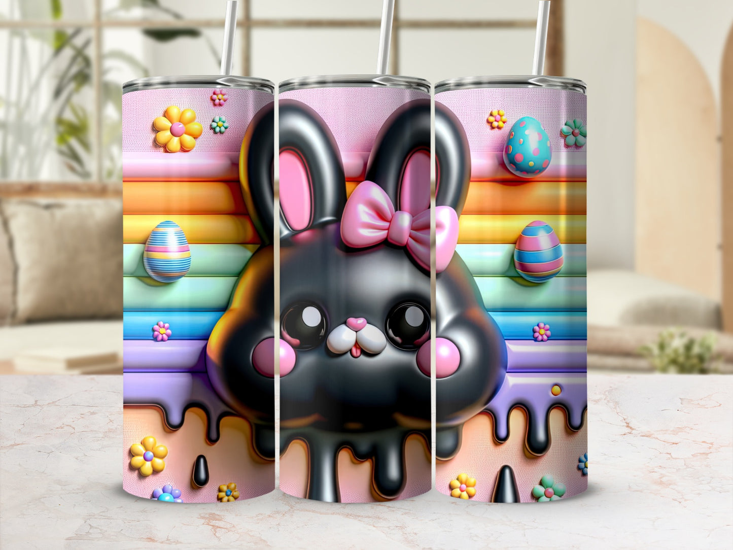 Black bunny with pink bow on pastel rainbow background and Easter eggs.