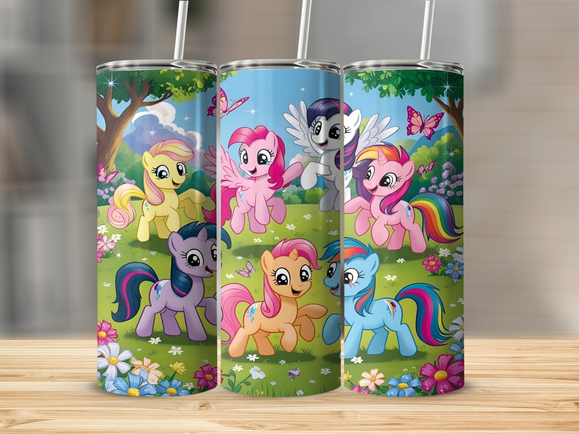 My Little Pony characters on a floral background with trees and butterflies.