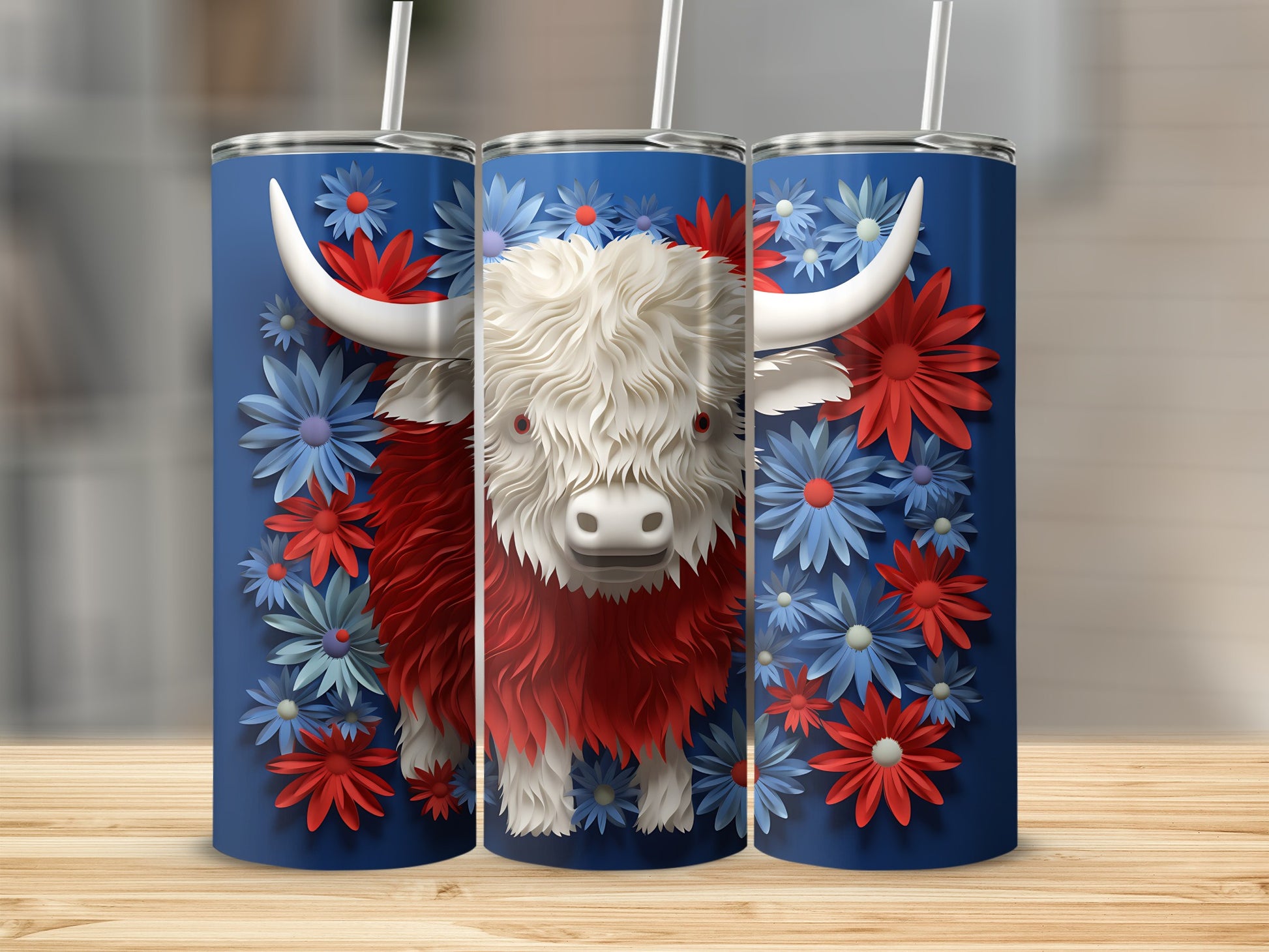 Highland cow illustration with red and blue flowers on a blue background.