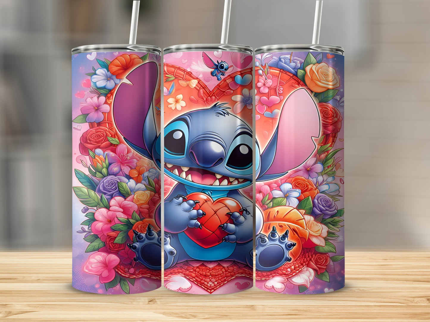 Stitch holding a heart surrounded by colorful flowers and butterflies.
