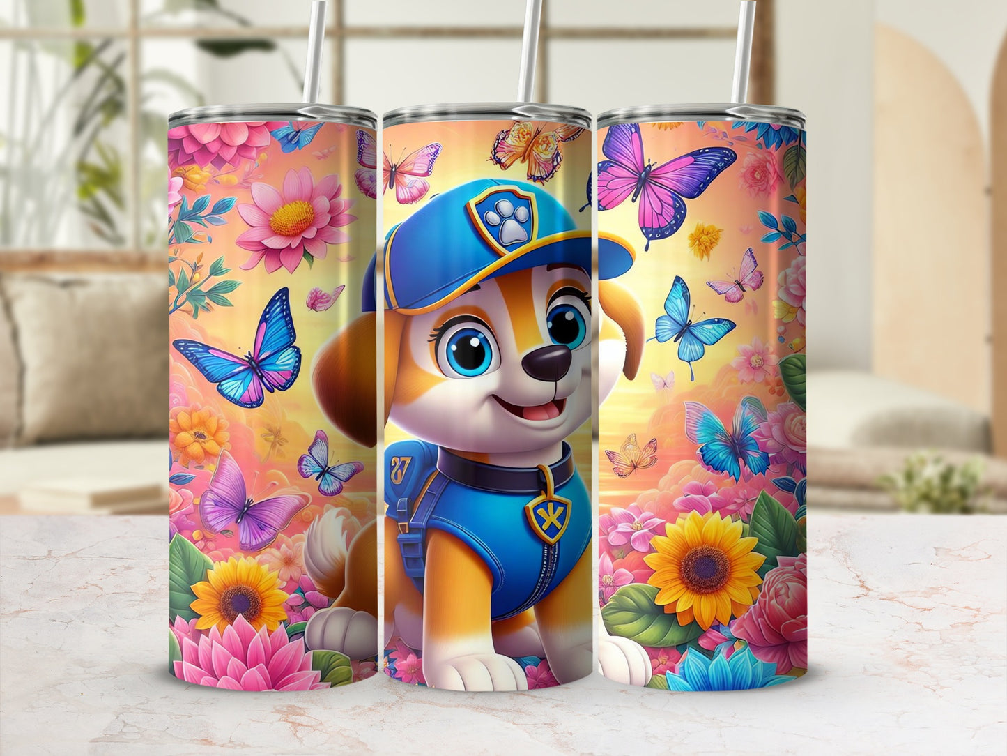 Colorful Cartoon Dog with Butterflies Tumbler Cup