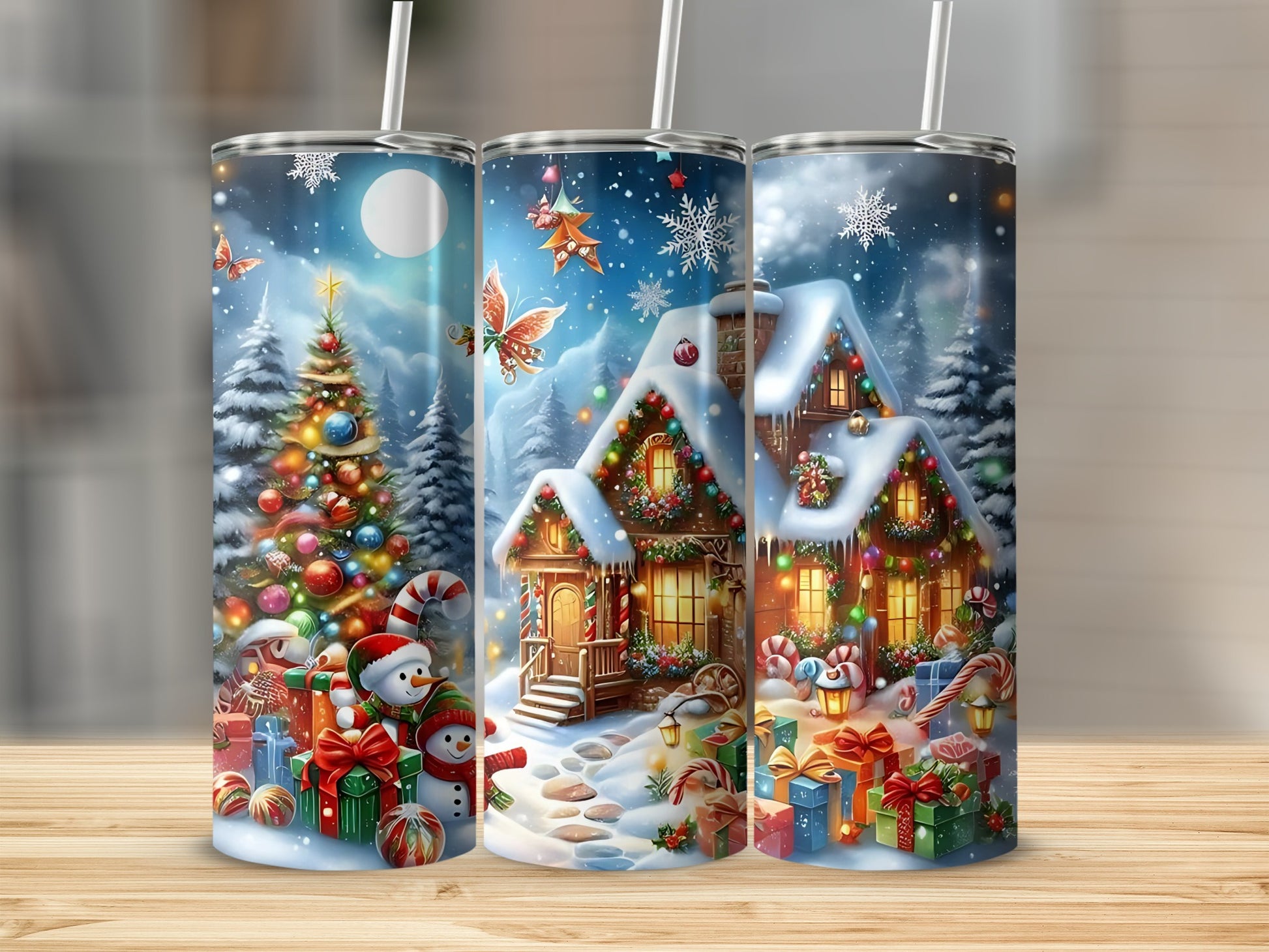 Festive Christmas Snowman and Cottage Themed Tumbler