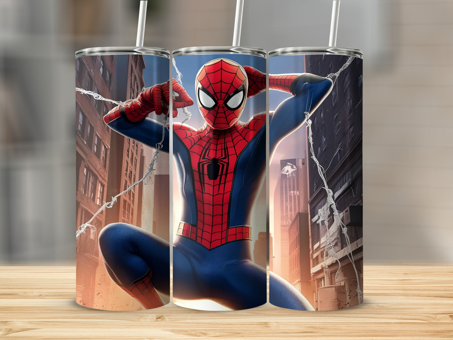 Spiderman character in action pose on a city background.