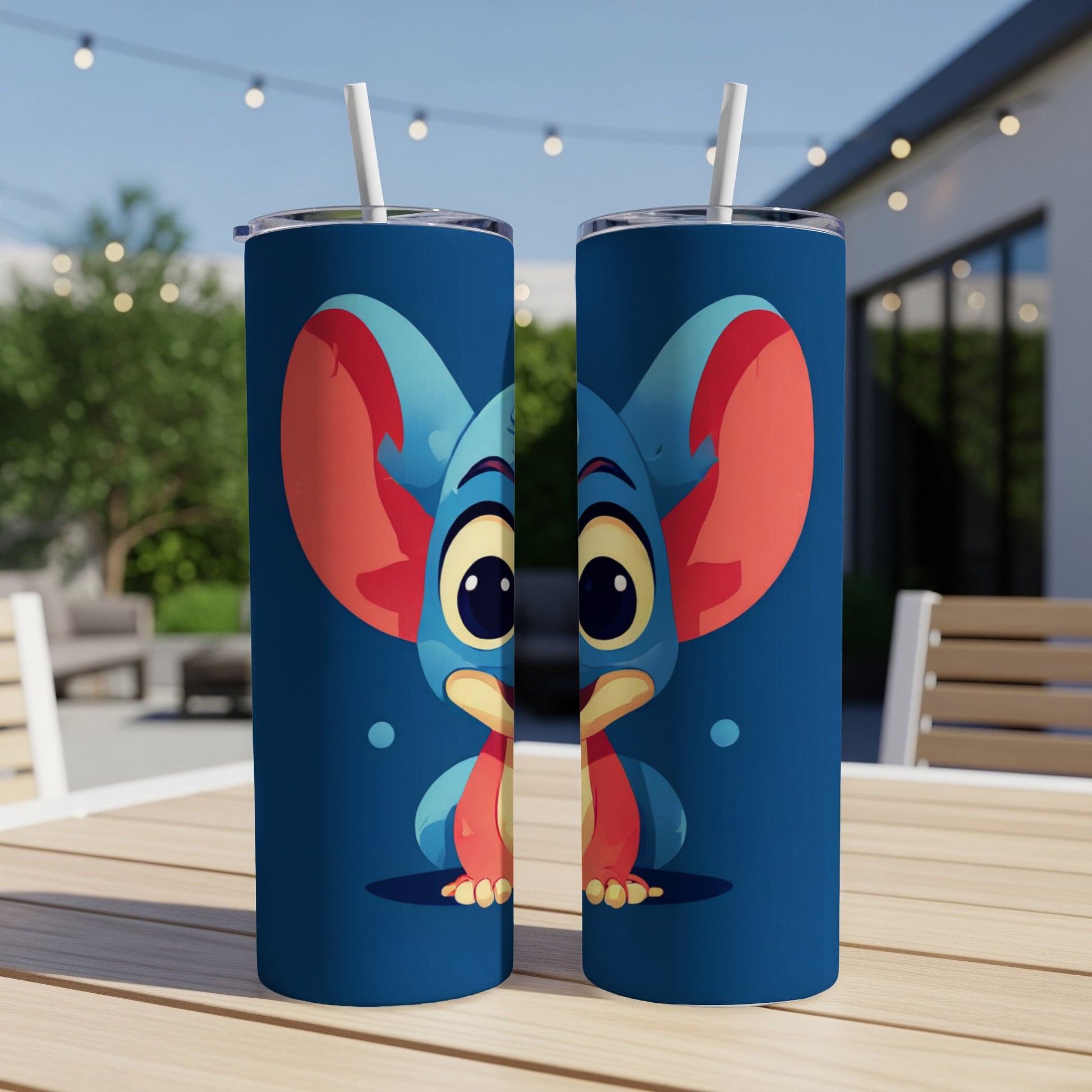 Blue cartoon mouse with large ears on a dark blue background.