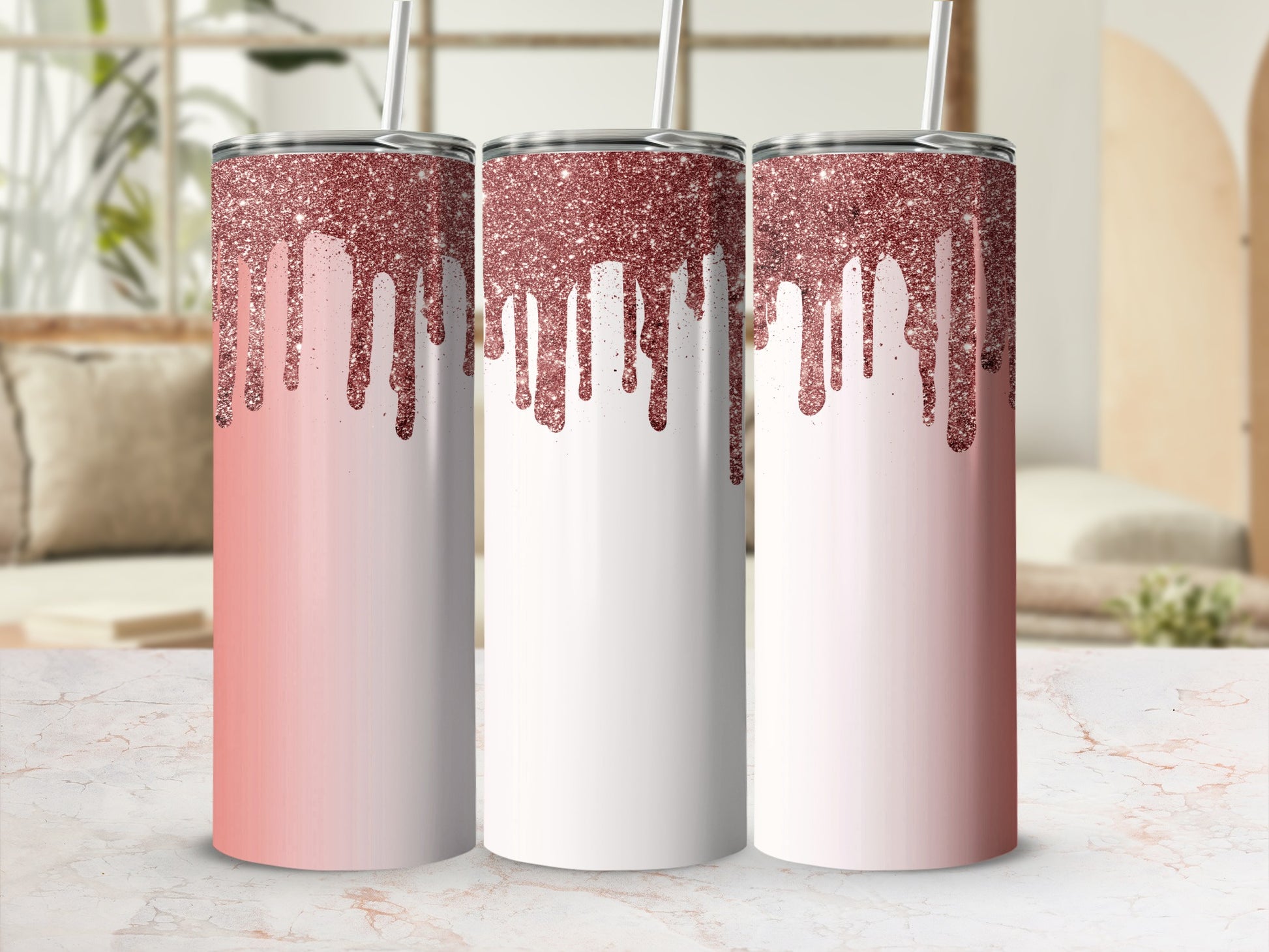 Three tumblers with rose gold glitter drip design and ombre effect.