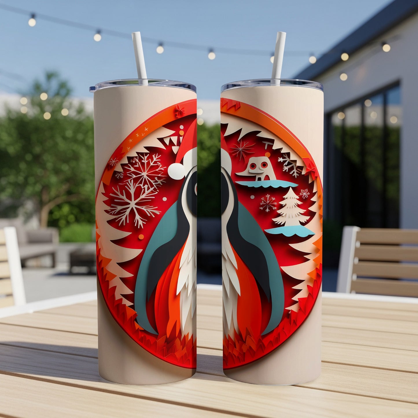Two tumblers with a cutout penguin and winter scene design.