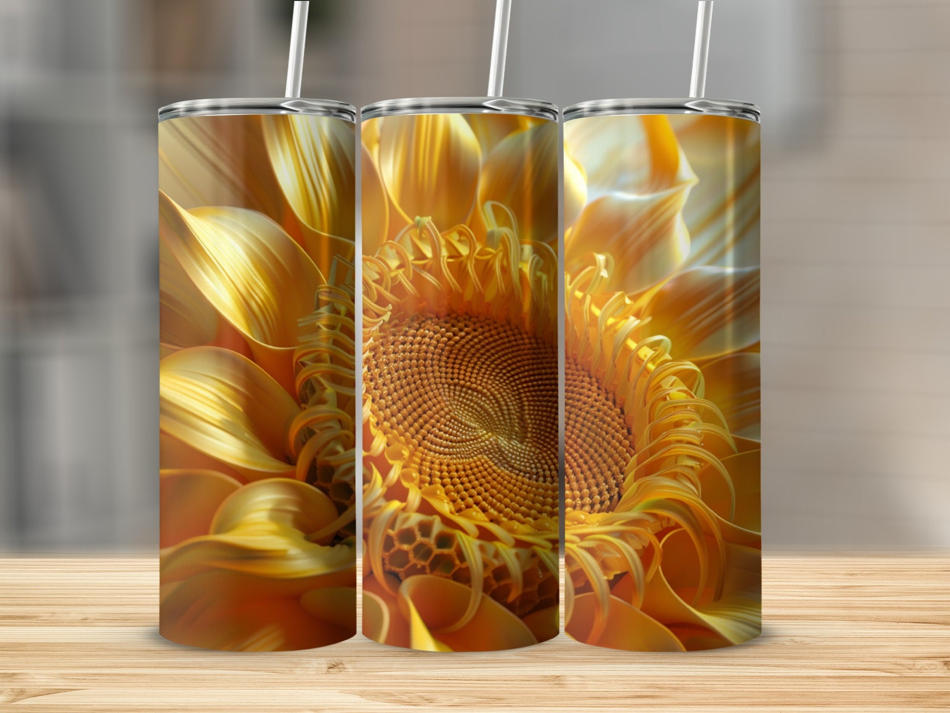Three tumblers with a close-up golden sunflower design.