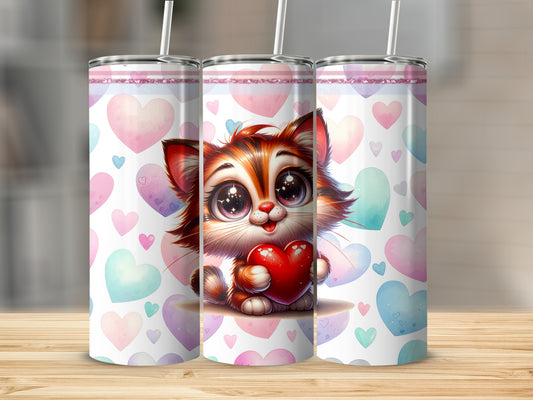 Cute cartoon cat holding a red heart on a heart-patterned background.