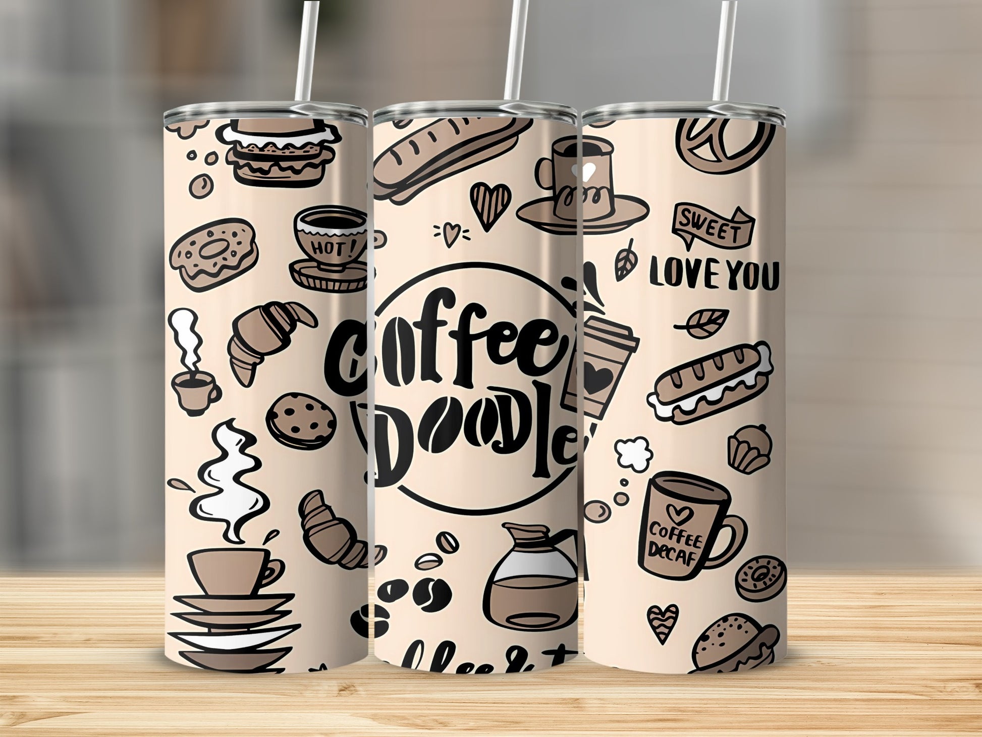 Coffee Doodle Design Tumbler with Fun Graphics