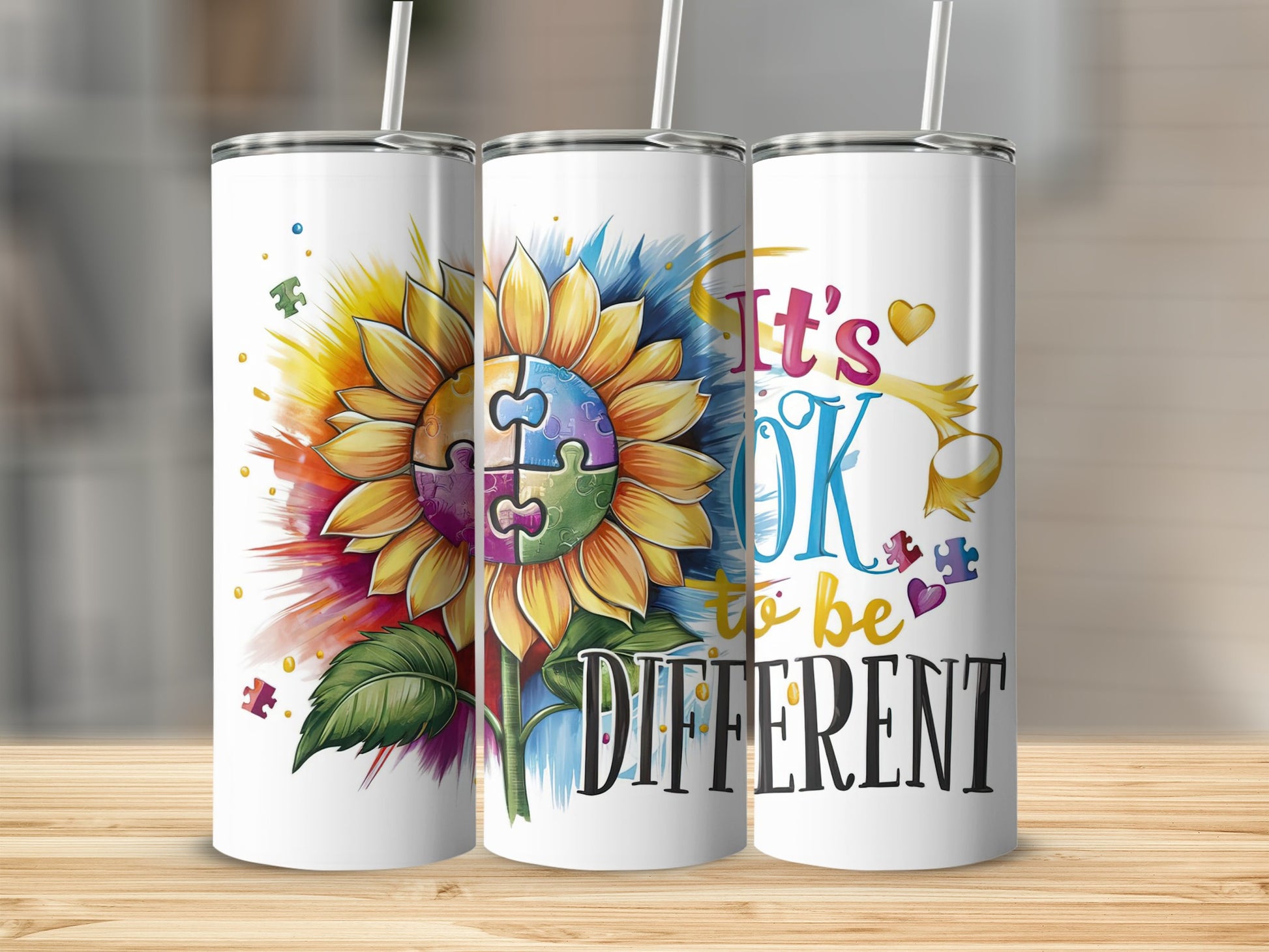 Sunflower with puzzle pieces and text "It's OK to be DIFFERENT".