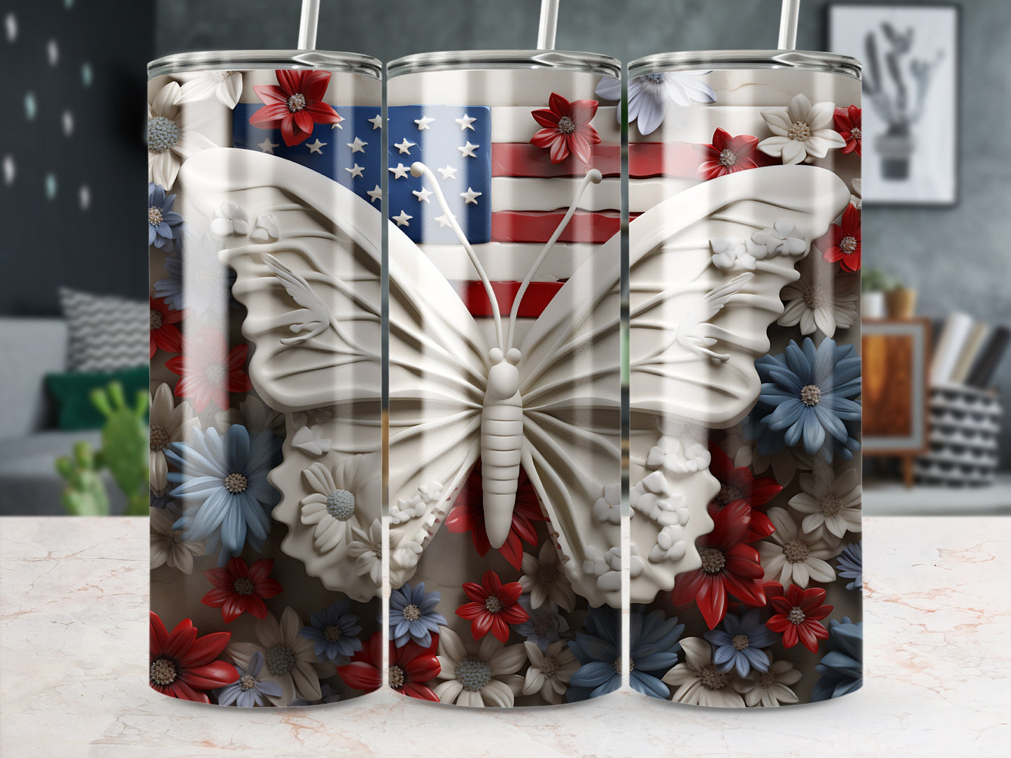 Butterfly, American flag, and floral pattern on a three-pack of tumblers.