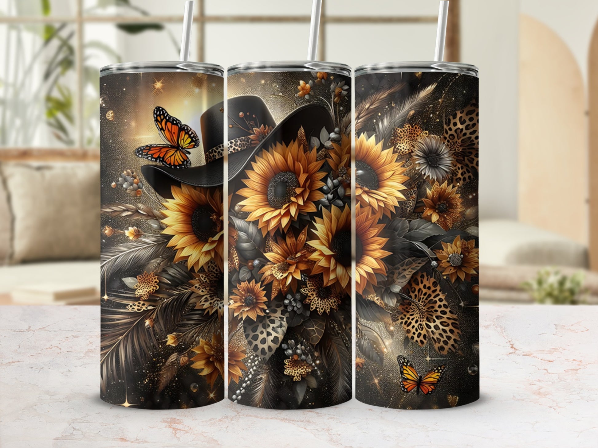 Sunflower and leopard print tumbler with butterflies and cowboy hat.