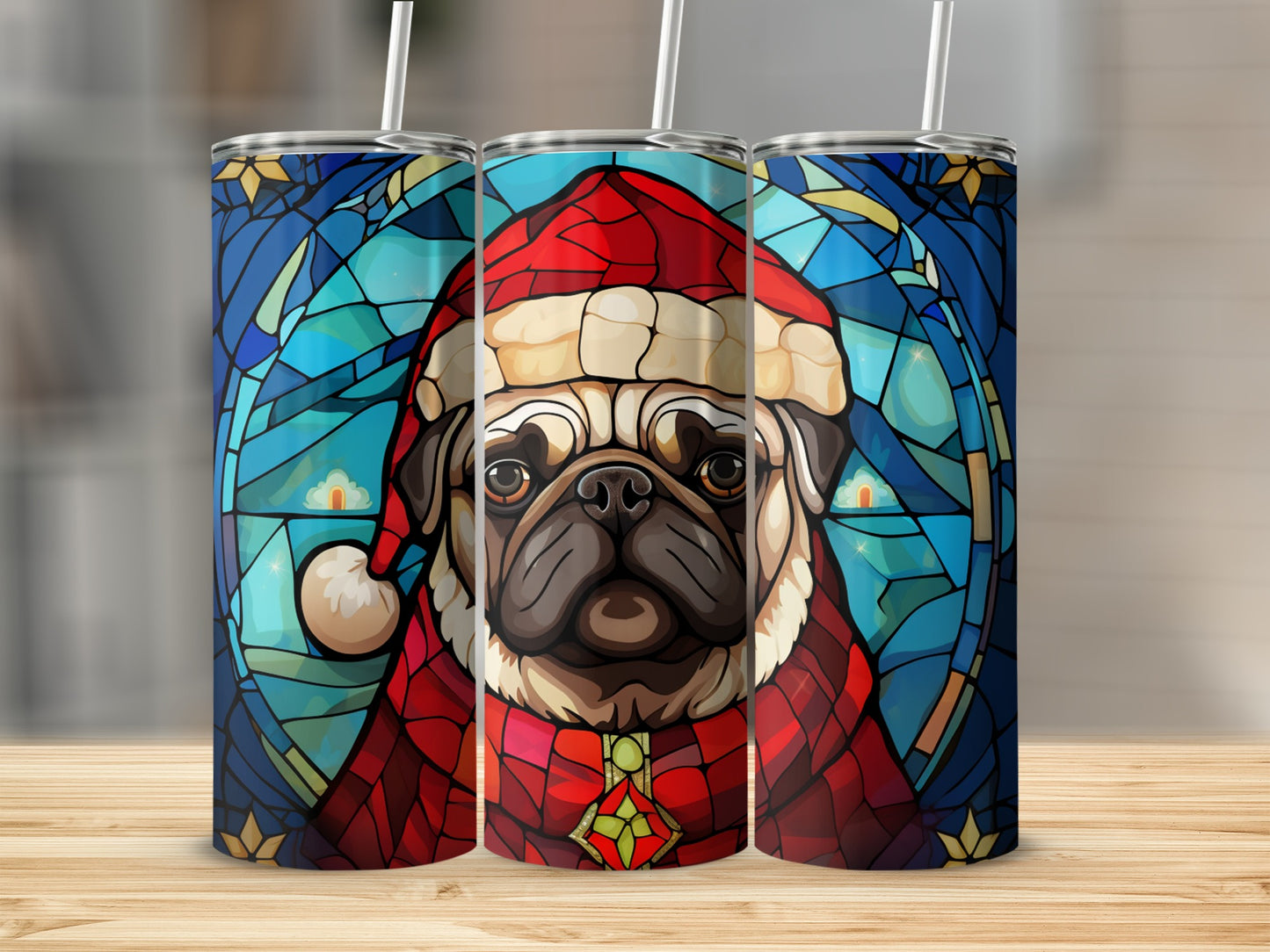 Stained glass pug in Santa hat on a blue background, presented as a tumbler.