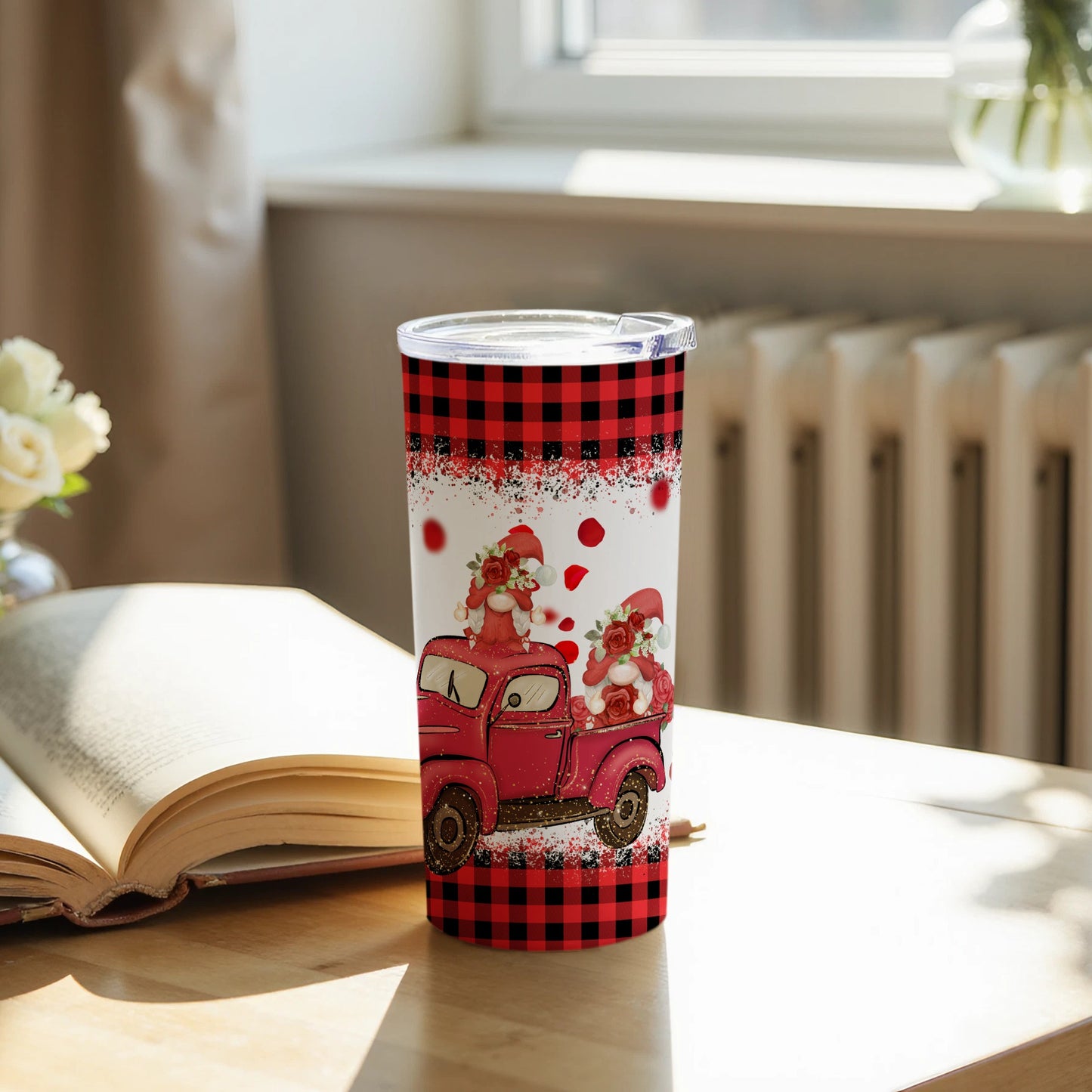 Festive Santa Gnome Red Truck Travel Tumbler