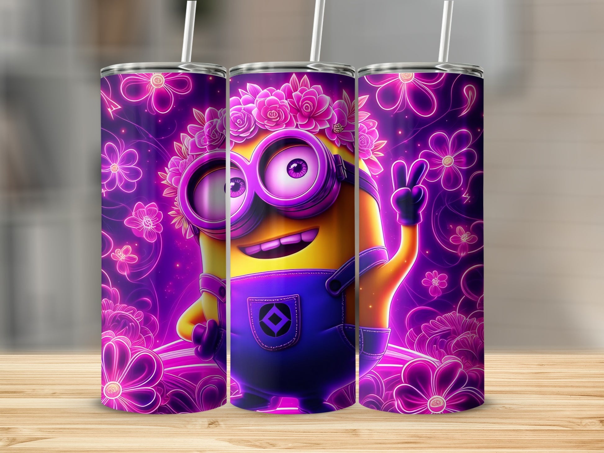 Vibrant Cartoon Character Tumbler with Flower Design