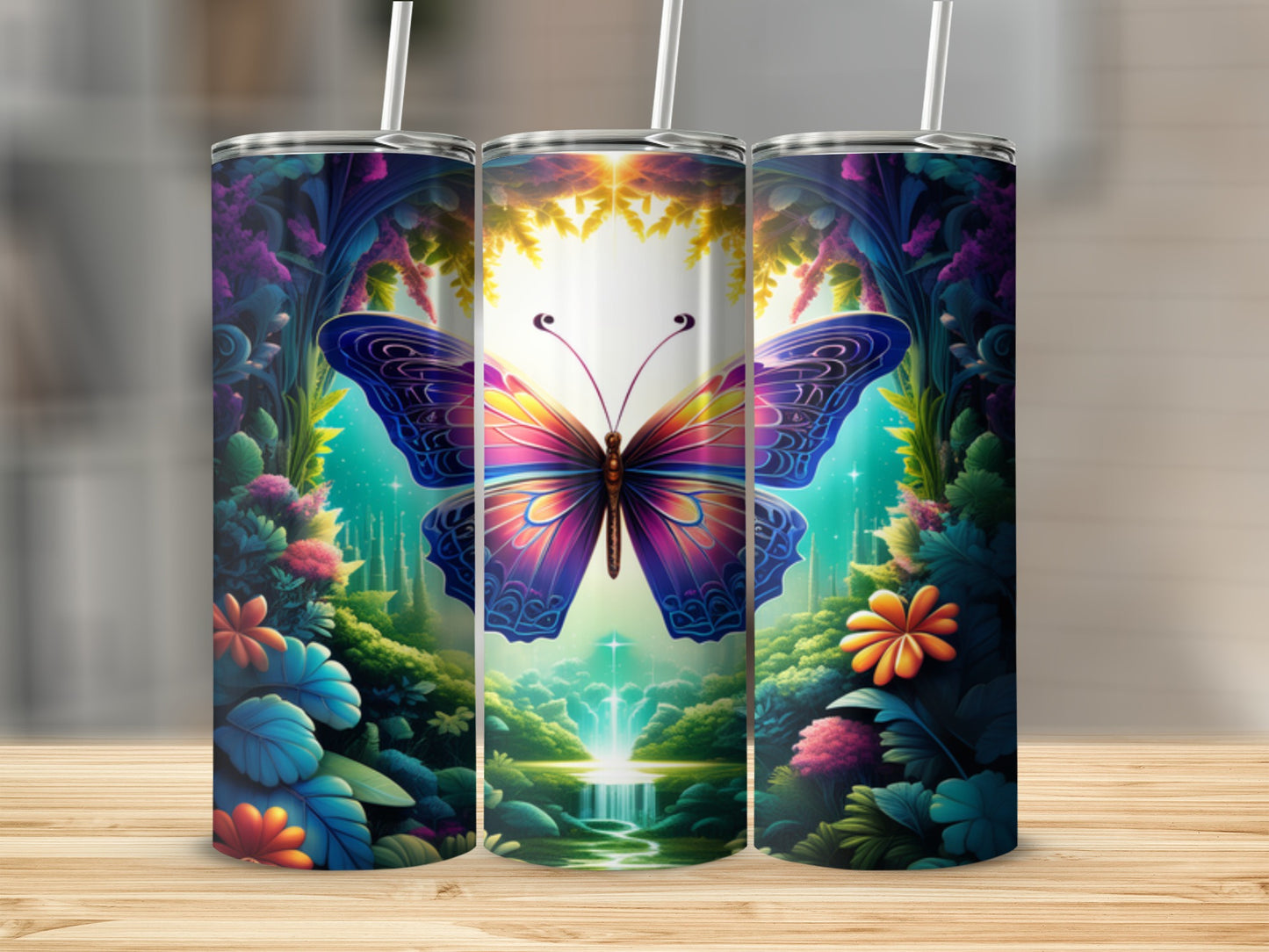 Butterfly with vibrant wings in a magical forest scene.