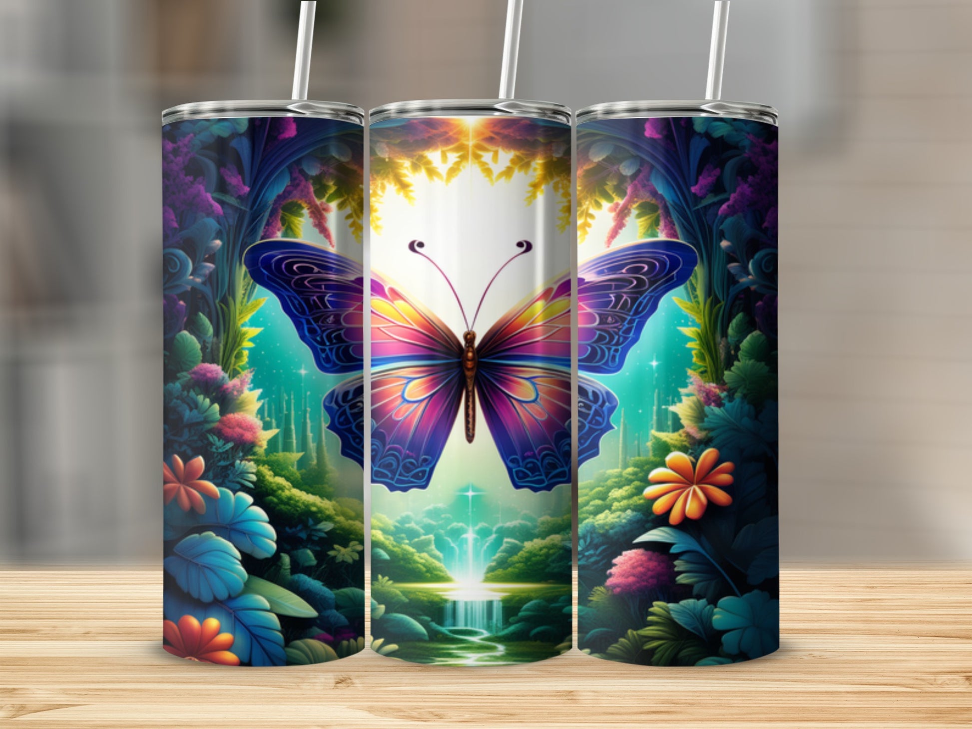 Butterfly with vibrant wings in a magical forest scene.