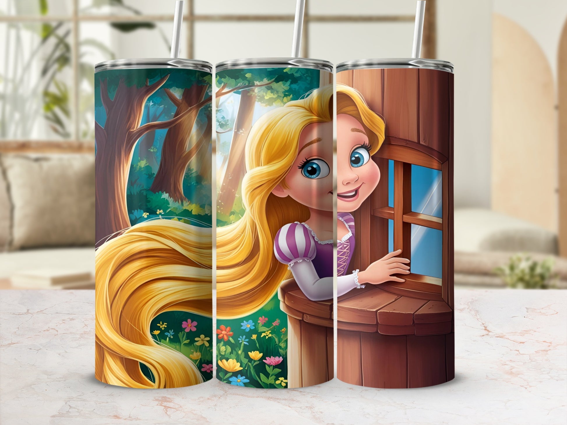 Tangled Rapunzel peeking from a window on a tumbler.