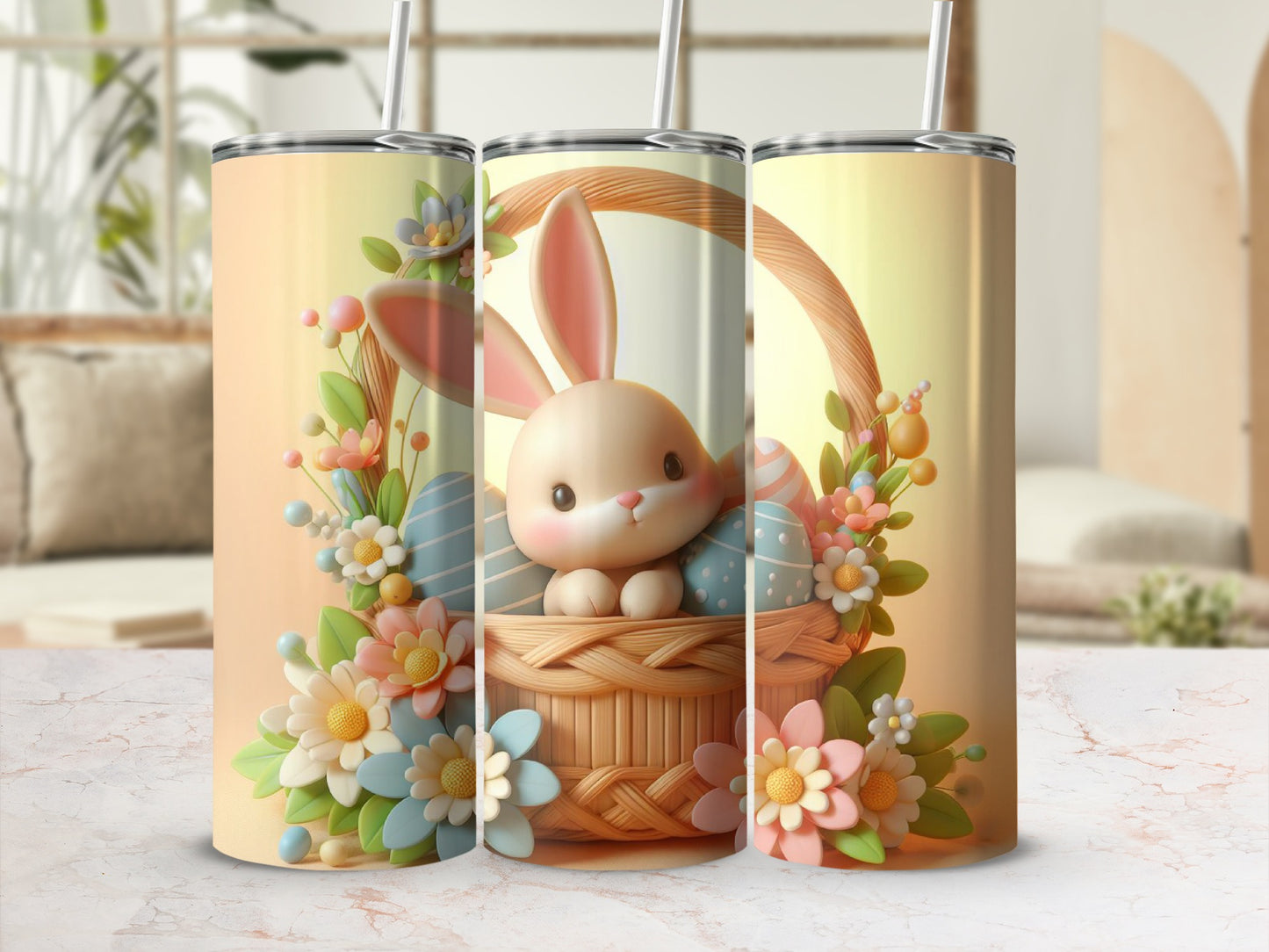 Easter bunny in basket with eggs and flowers.