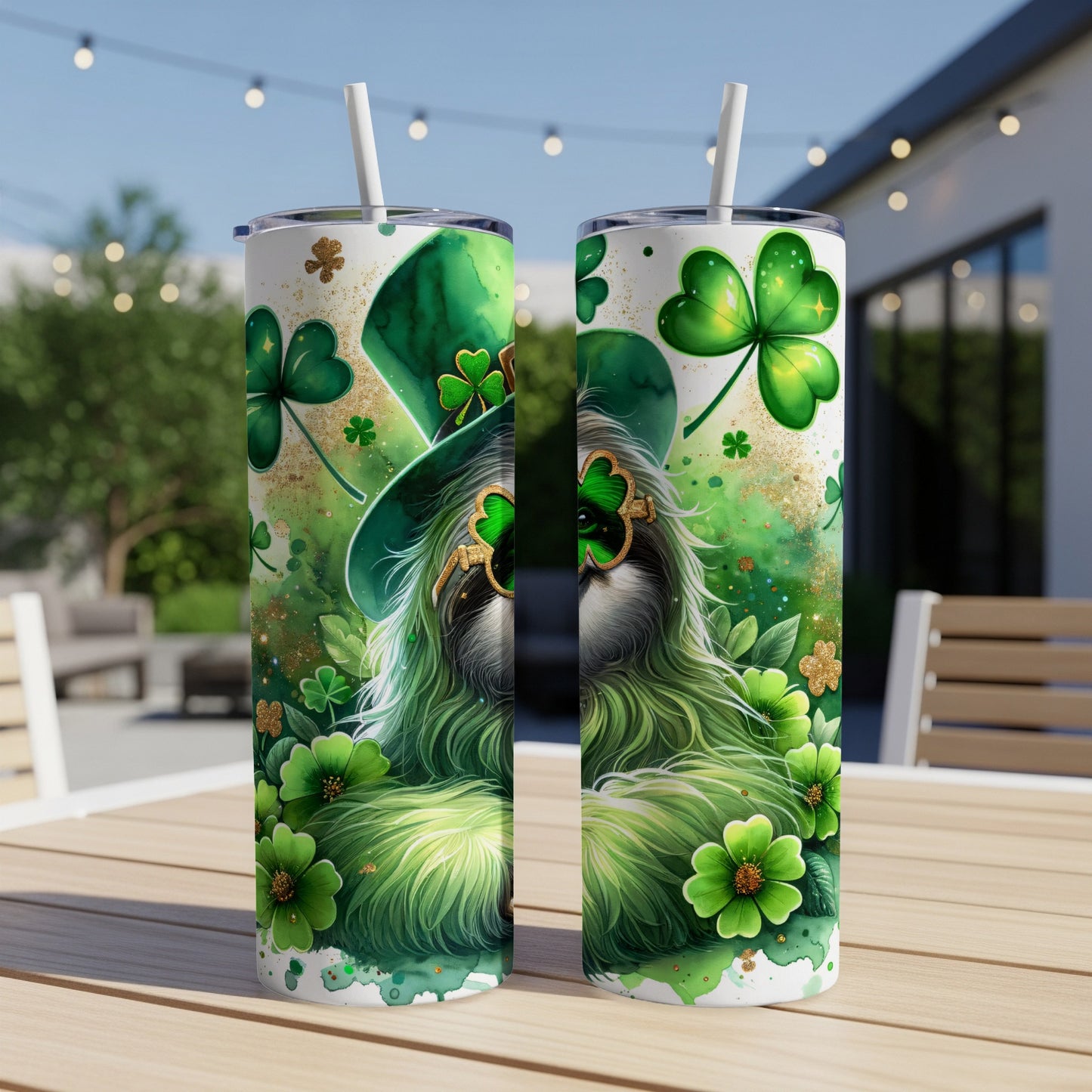 Sloth in green hat and clover glasses, surrounded by shamrocks and glitter.