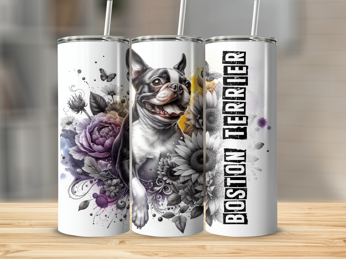 Boston Terrier design with floral accents on three tumblers.