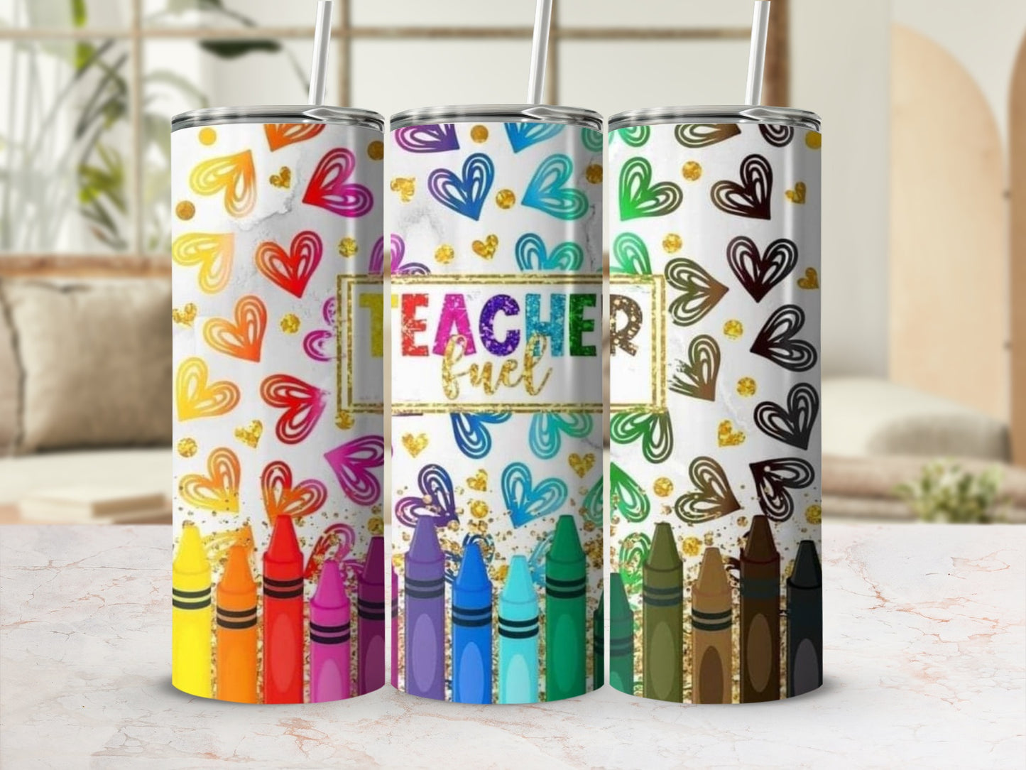 Teacher Fuel Design Hearts Crayons Colorful Art Tumblers