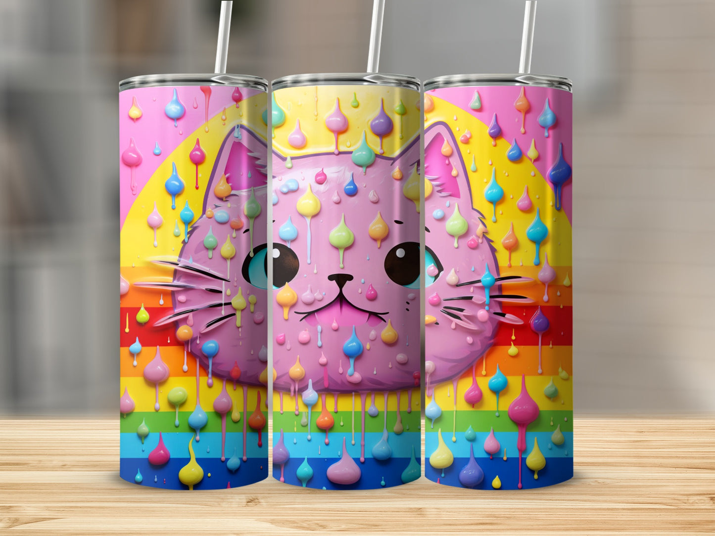 Cute Pink Cat with Rainbow Drips Tumbler Beverage Holder
