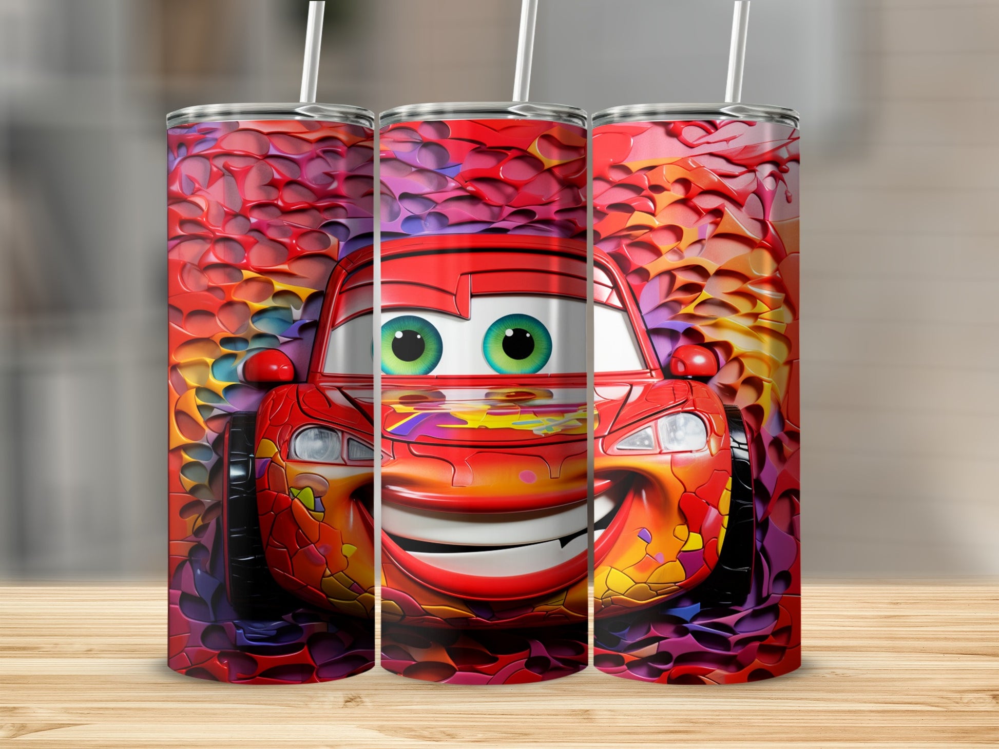 Bright Colorful Race Car Tumbler with Straws Flask