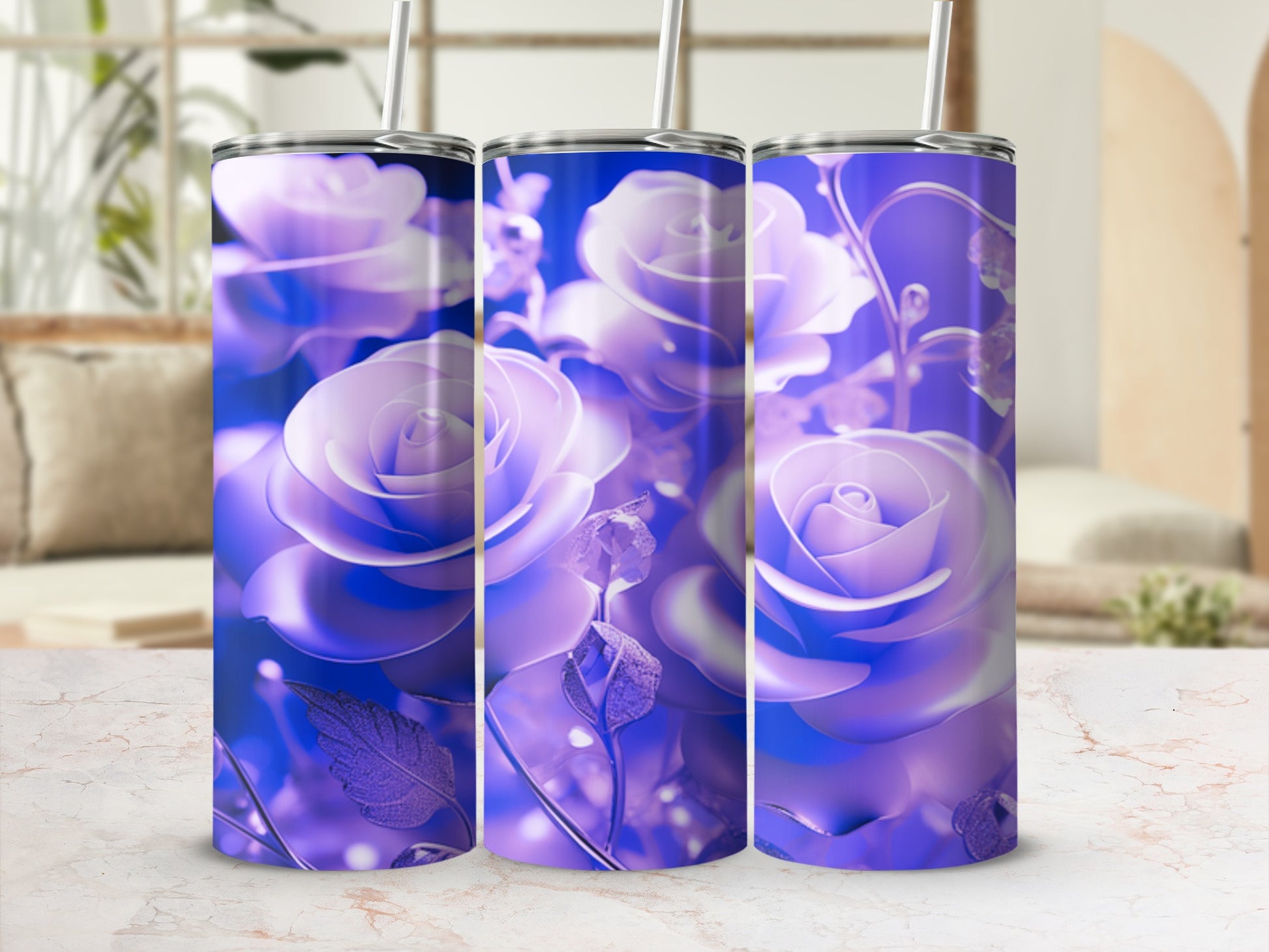 Three tumblers featuring a vibrant purple rose floral design.