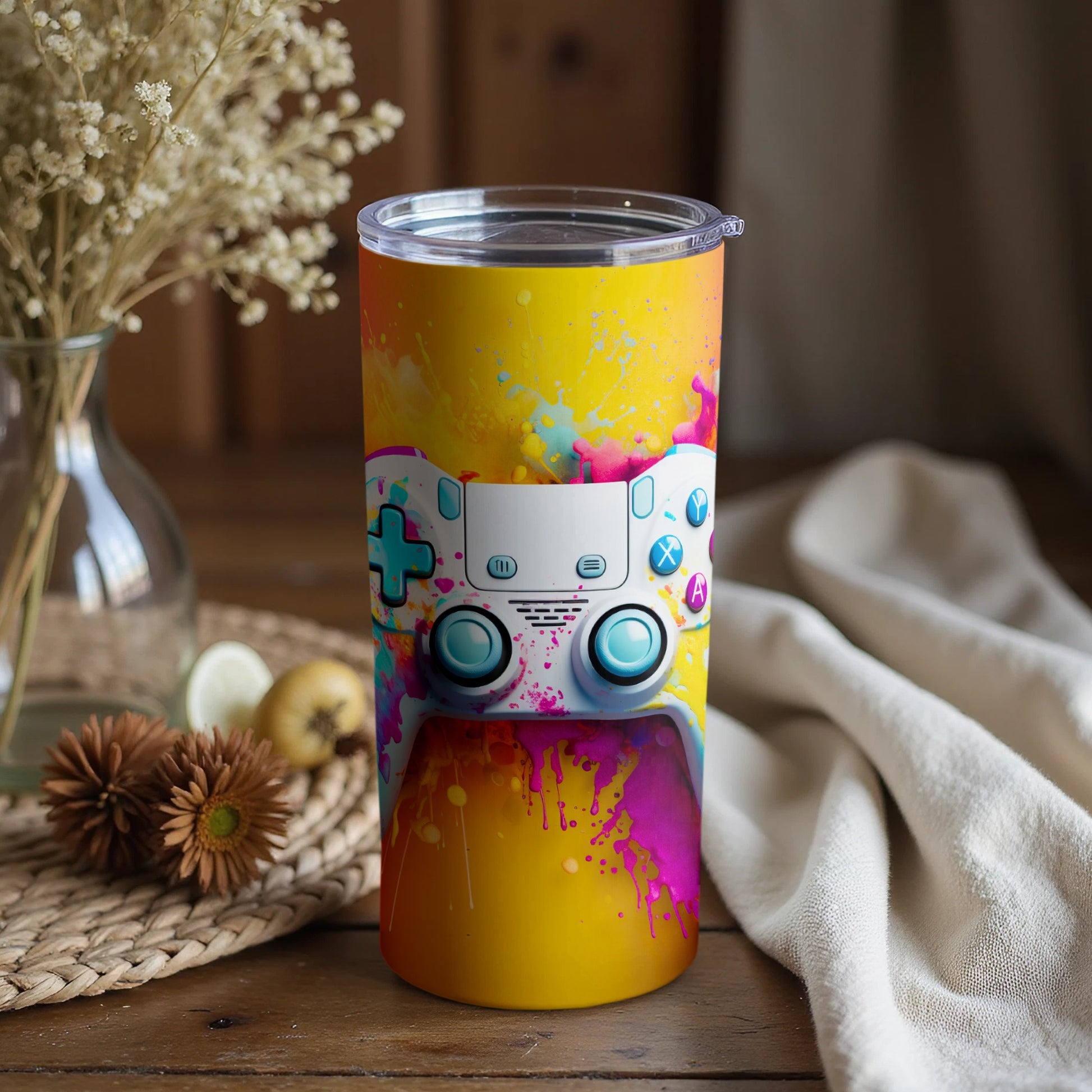 Vibrant Gaming Controller Design Tumbler Cup