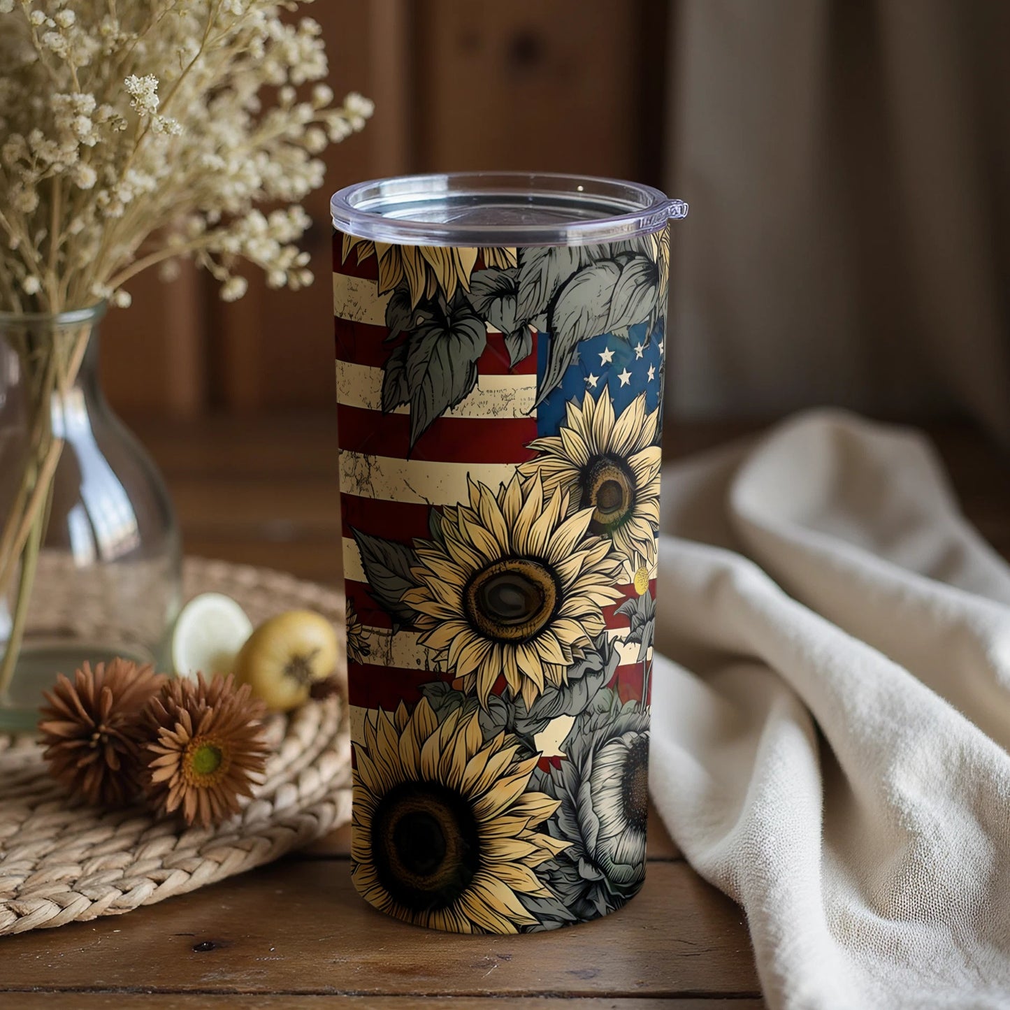 American Flag and Sunflower Design Tumbler Cup