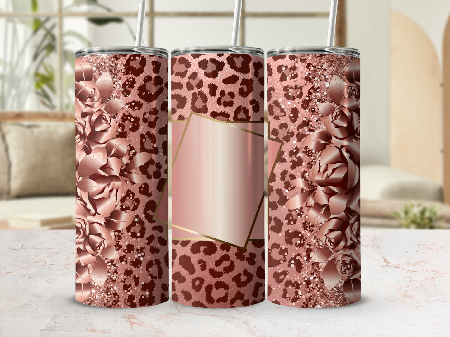 Rose gold leopard print tumbler with floral accents and geometric frame.