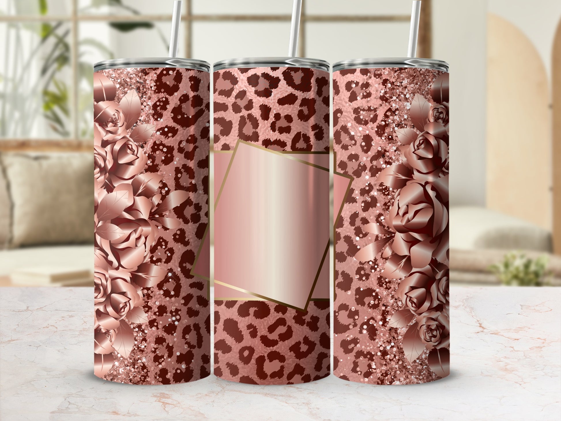 Rose gold leopard print tumbler with floral accents and geometric frame.
