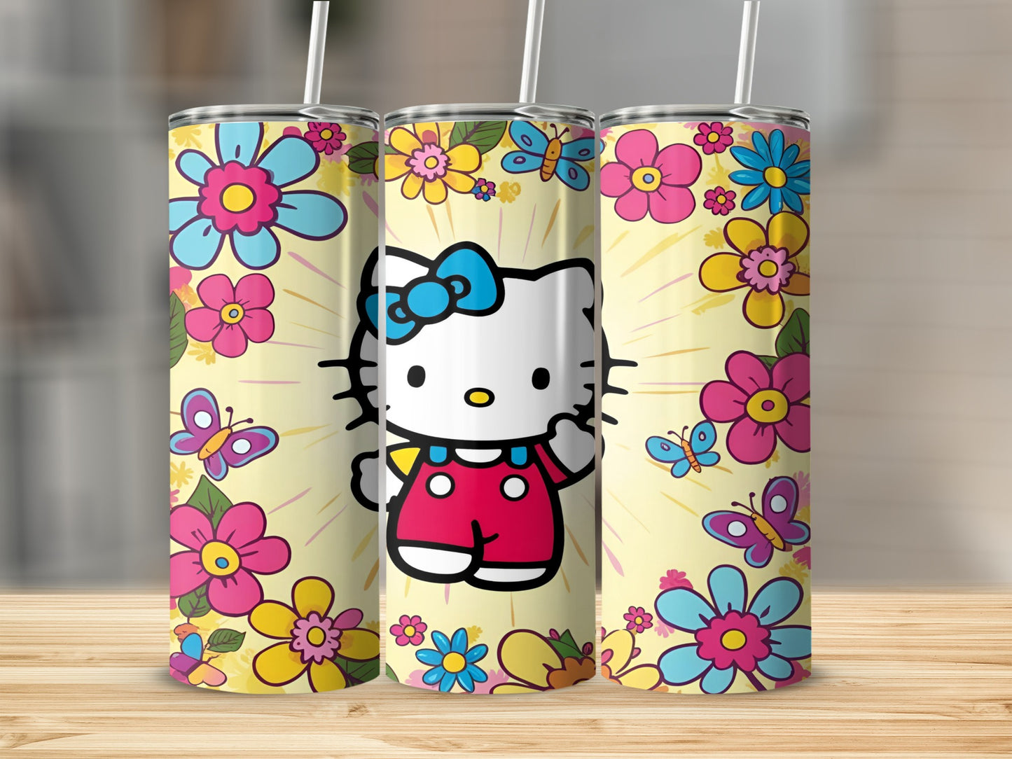 Hello Kitty in red overalls with flowers and butterflies on a yellow background.