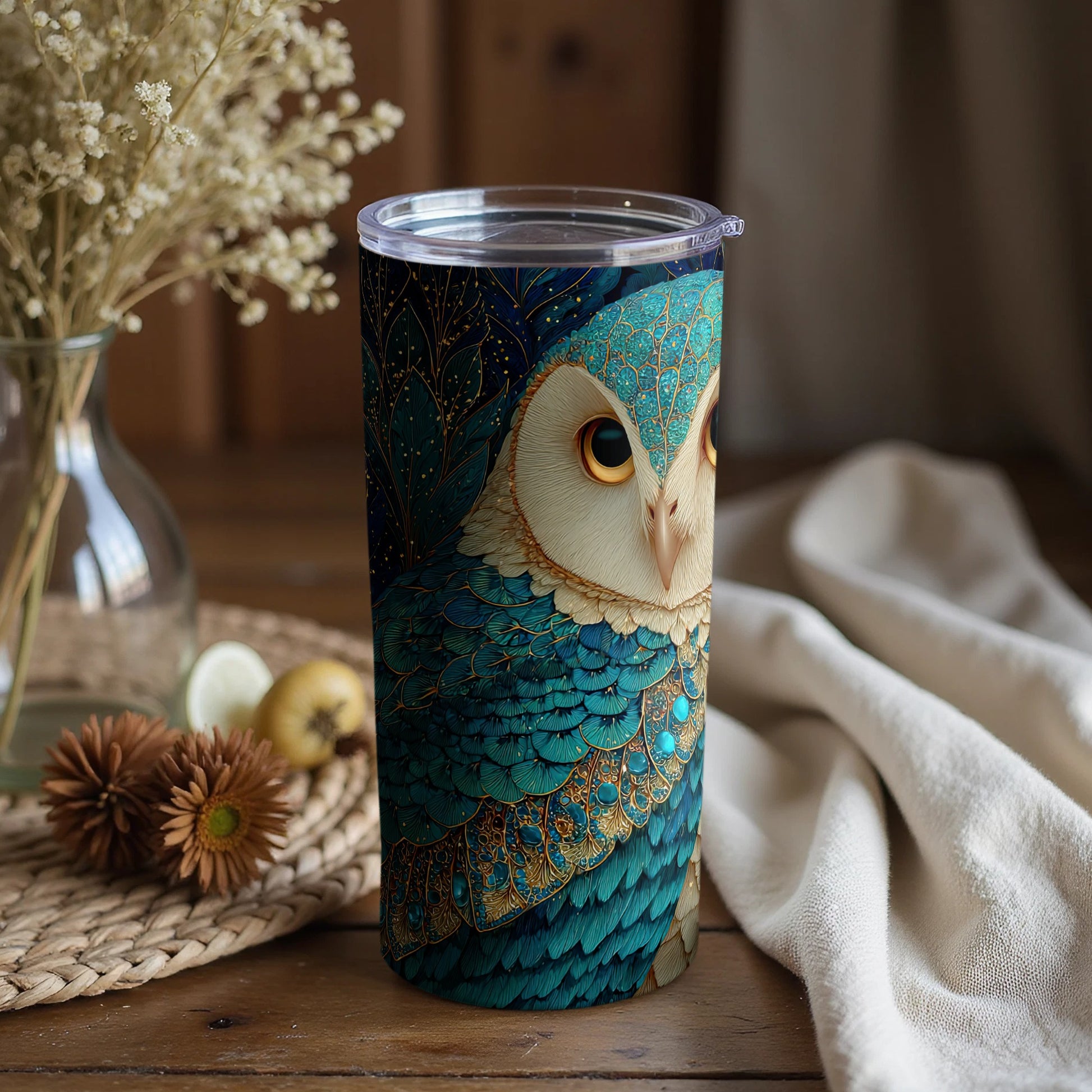 Stunning Owl Artwork Travel Tumbler with Lid
