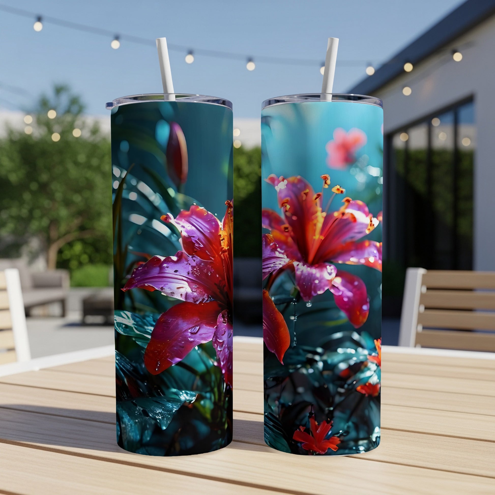 Two tumblers with a close-up vibrant pink lily flower design.