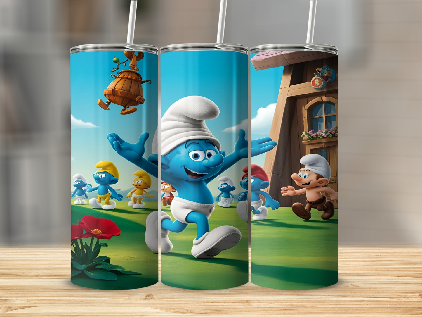 Smurfs running in a field with a wooden building in the background.