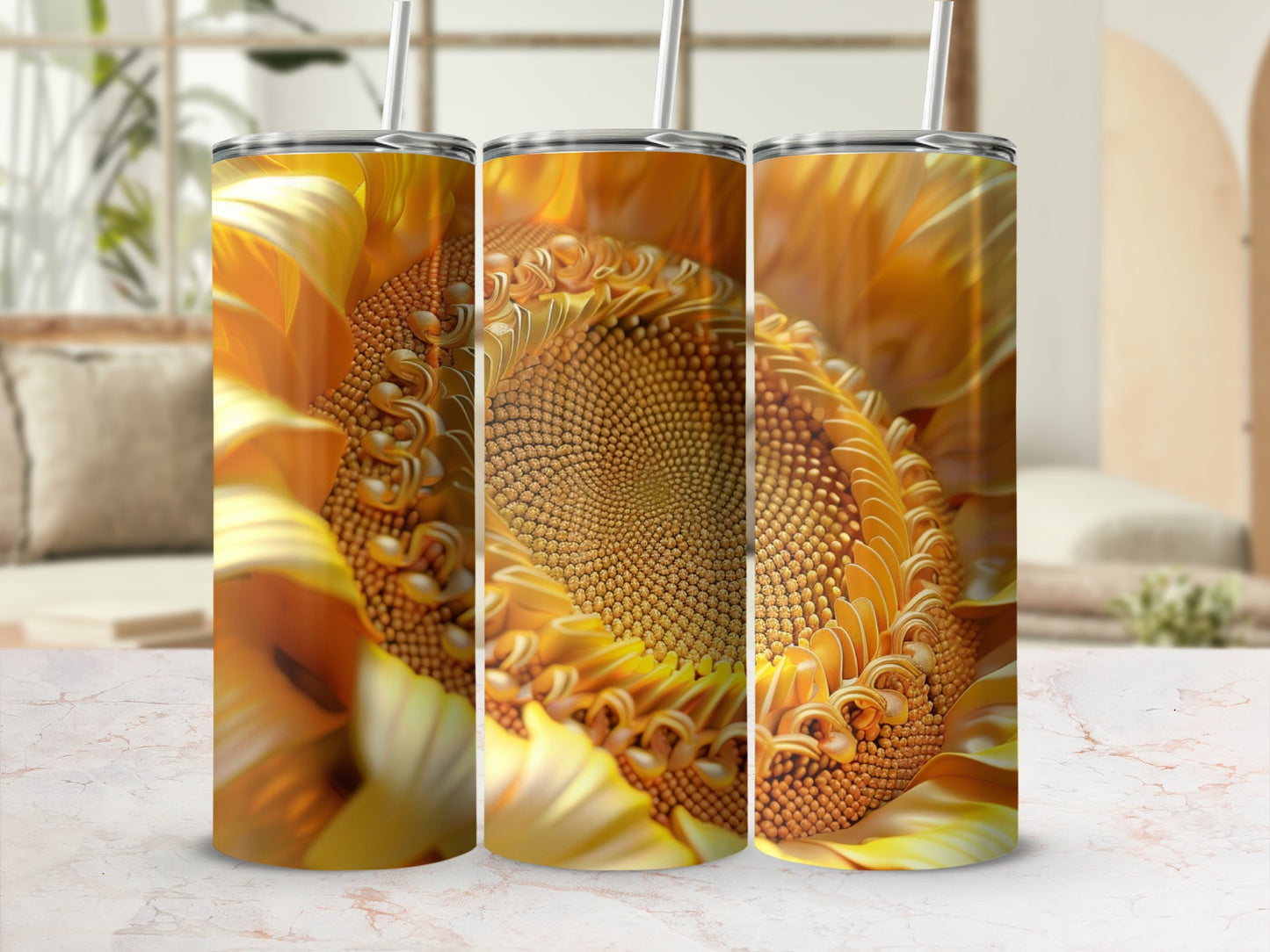 Close-up view of a sunflower's center with patterned seeds.